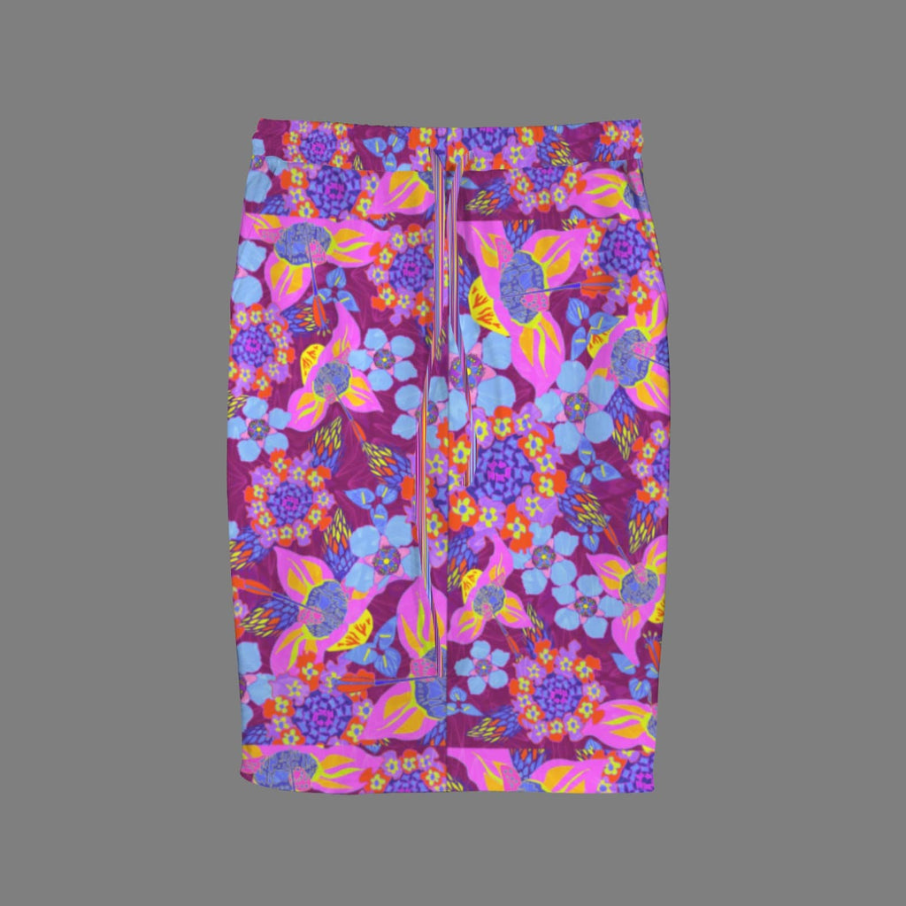 Flat lay studio shot of the front of a knee-length pencil skirt showcasing a matching drawstring tie waist and an intricate, neon magenta pink floral print against a solid grey background.