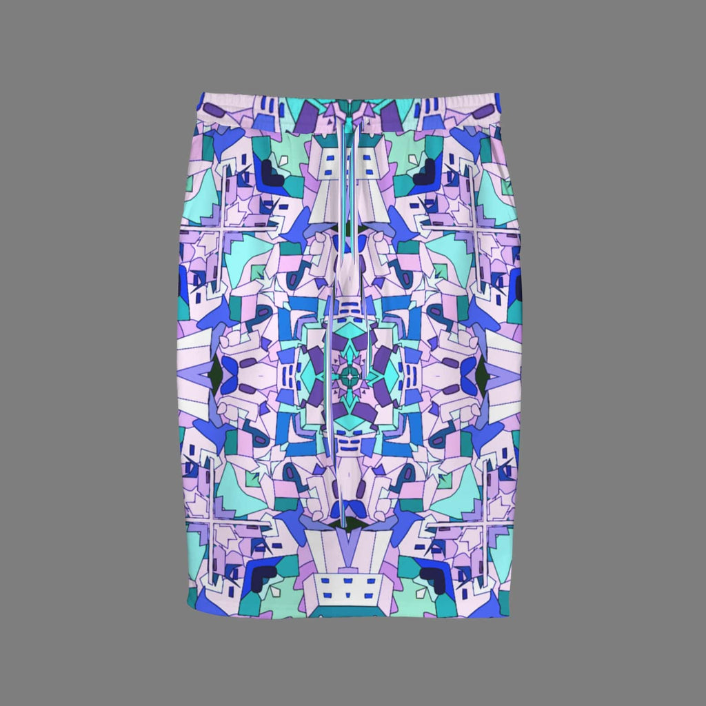 Flat lay studio shot of the front of a knee-length pencil skirt showcasing a matching drawstring tie waist and an intricate, colorful kaleidoscopic print against a solid grey background.