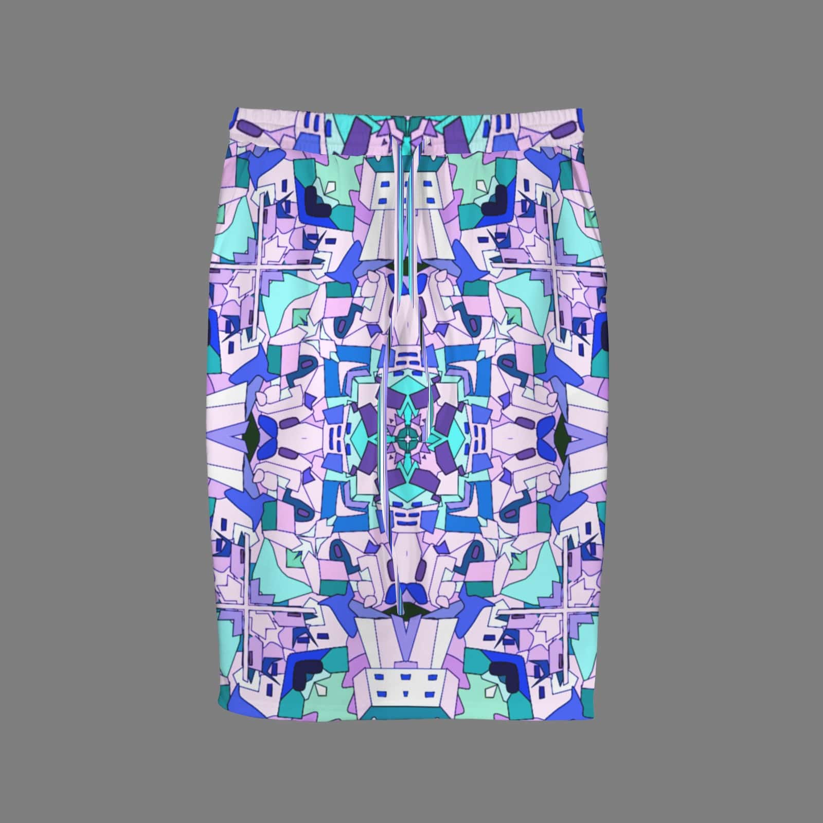 Flat lay studio shot of the front of a knee-length pencil skirt showcasing a matching drawstring tie waist and an intricate, colorful kaleidoscopic print against a solid grey background.