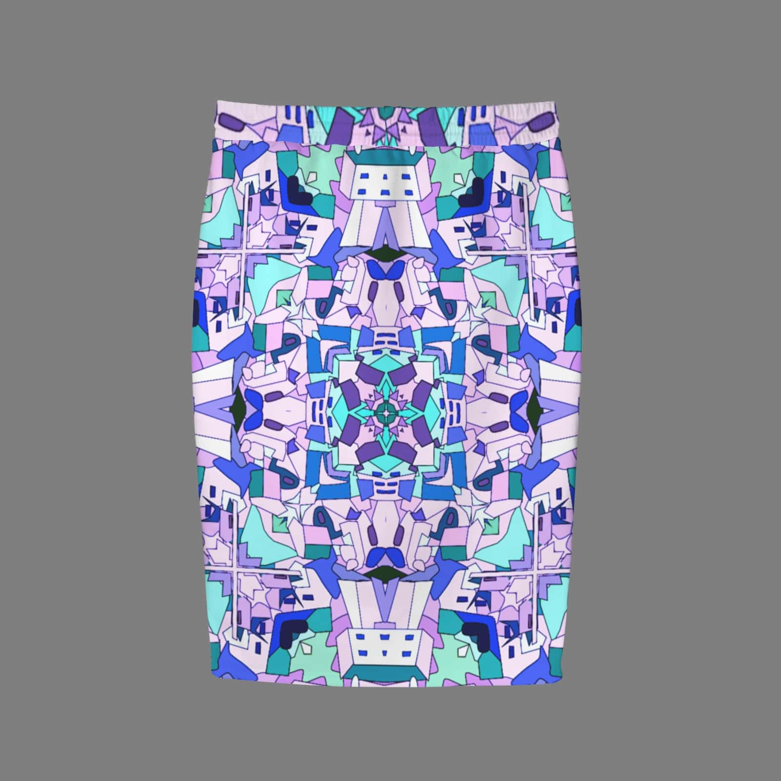 Flat lay studio shot of the back of a knee-length pencil skirt featuring a bold, symmetrical tribal geometric pattern in bright orange, vibrant green, sky blue, and black against a solid grey background.