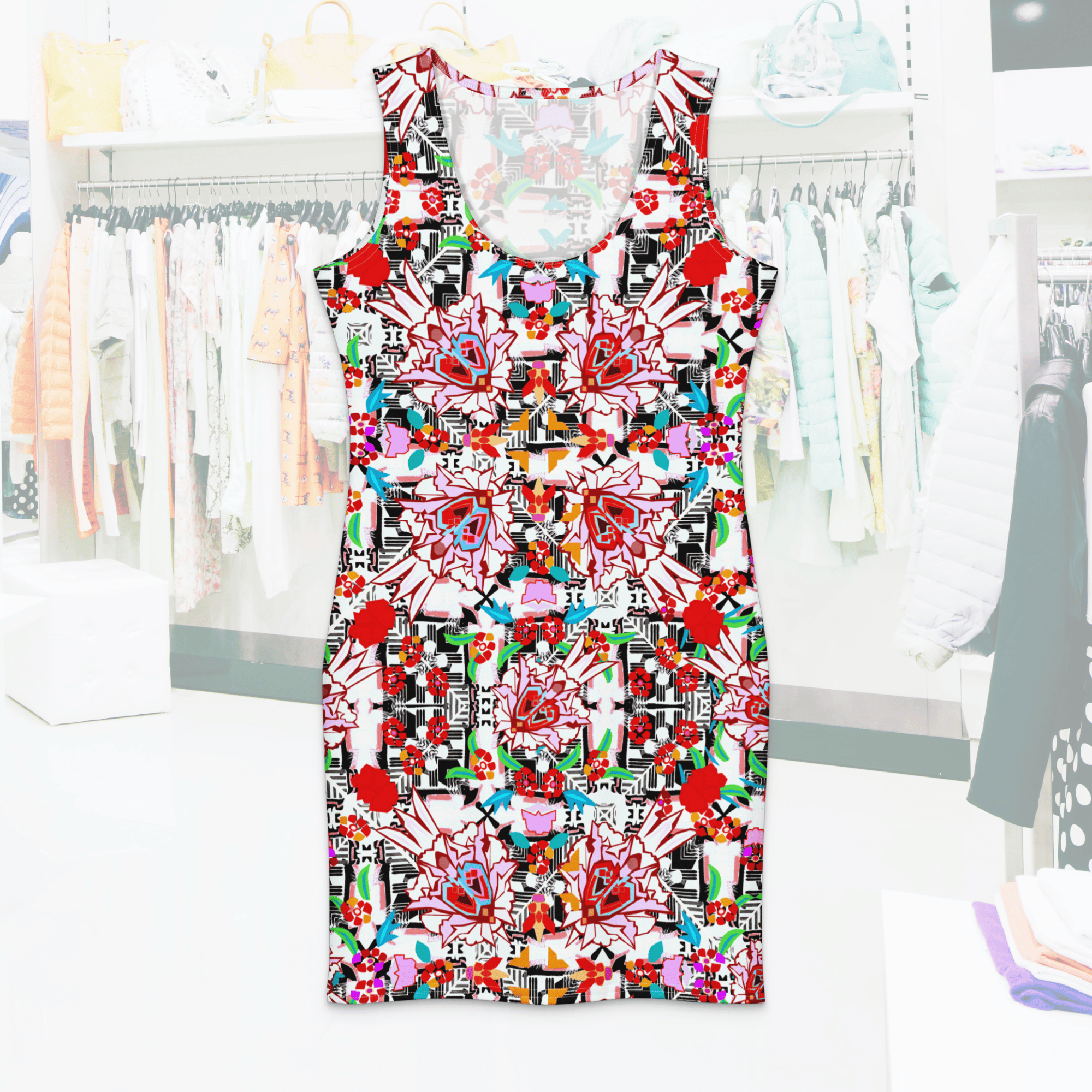 A front-facing product shot of the "Floral Maze" sleeveless bodycon dress. The dress features a deep scoop neck and a vibrant, symmetrical all-over print with red and pink floral motifs and black geometric patterns. It is set against a brightly lit clothing store background.