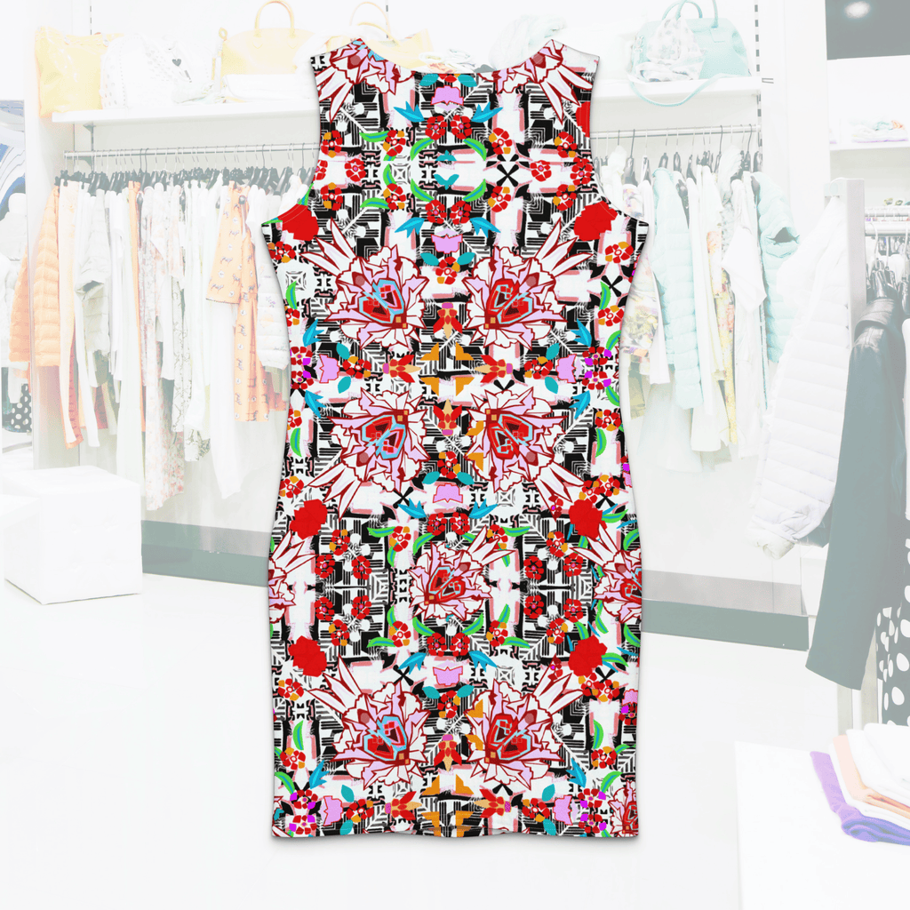 A back-facing product shot of the "Floral Maze" dress, showing the high-back neckline and the seamless continuation of the kaleidoscopic floral pattern. The dress is centered in the frame against a blurred, airy retail store background.