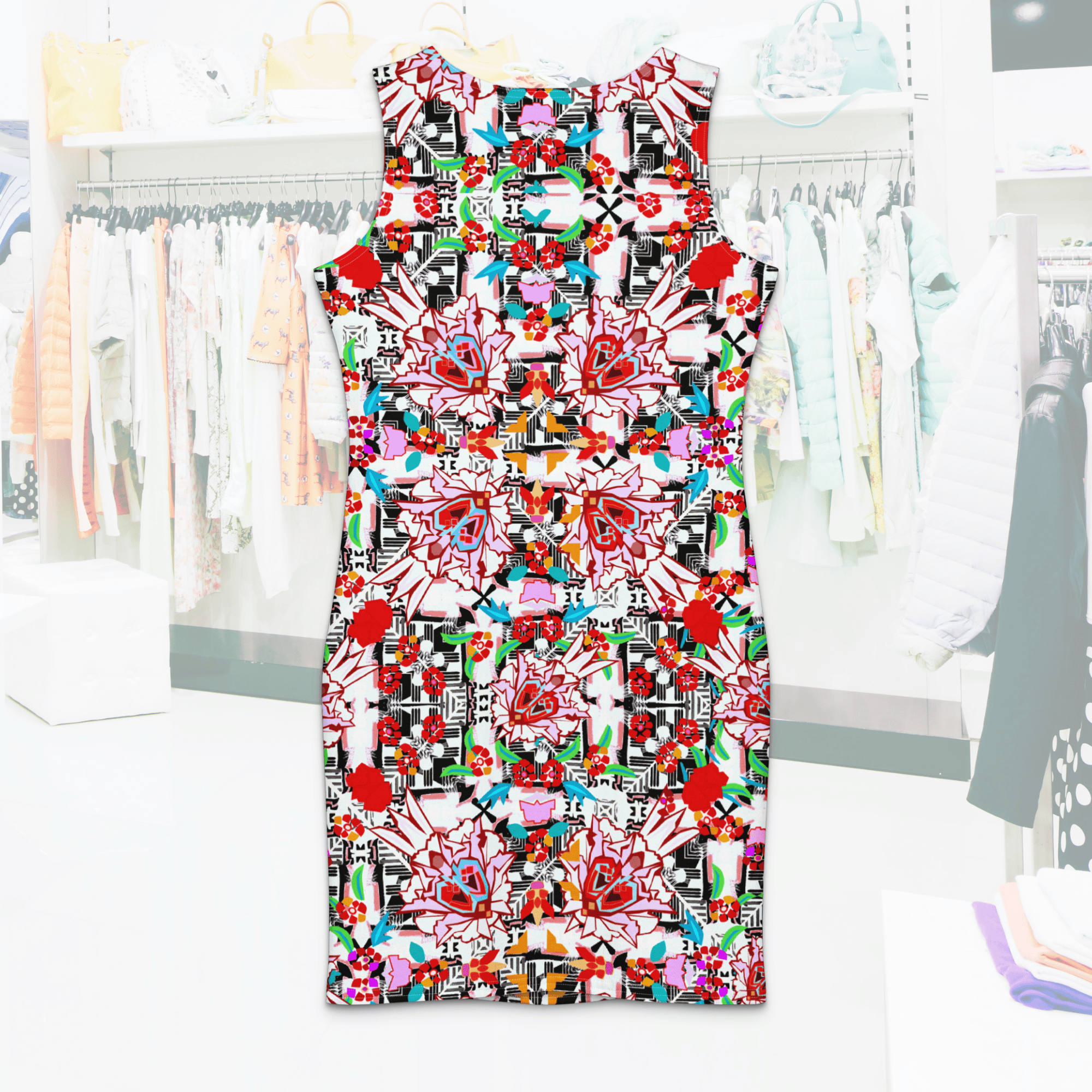 A back-facing product shot of the "Floral Maze" dress, showing the high-back neckline and the seamless continuation of the kaleidoscopic floral pattern. The dress is centered in the frame against a blurred, airy retail store background.