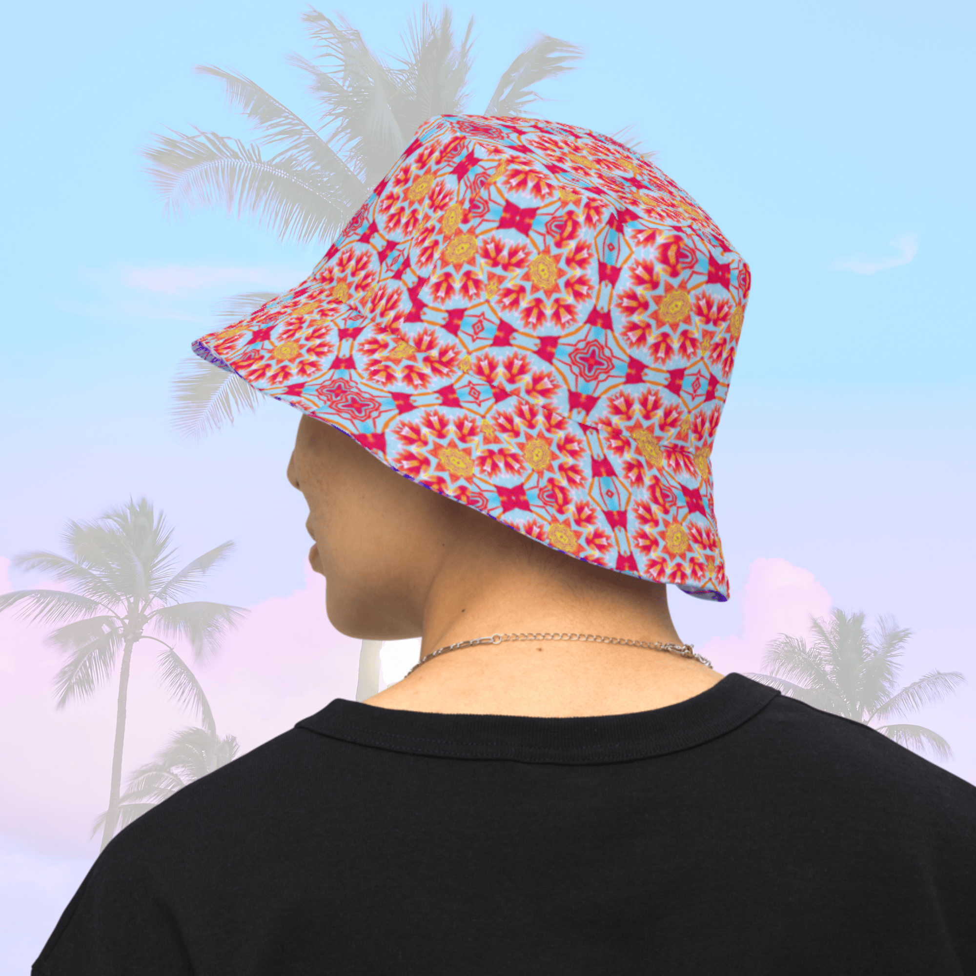 Vibrant Apparel New Zealand Reversible Kaleidoscope Bucket Hat | Purple & Orange Sunburst Festival Hat
