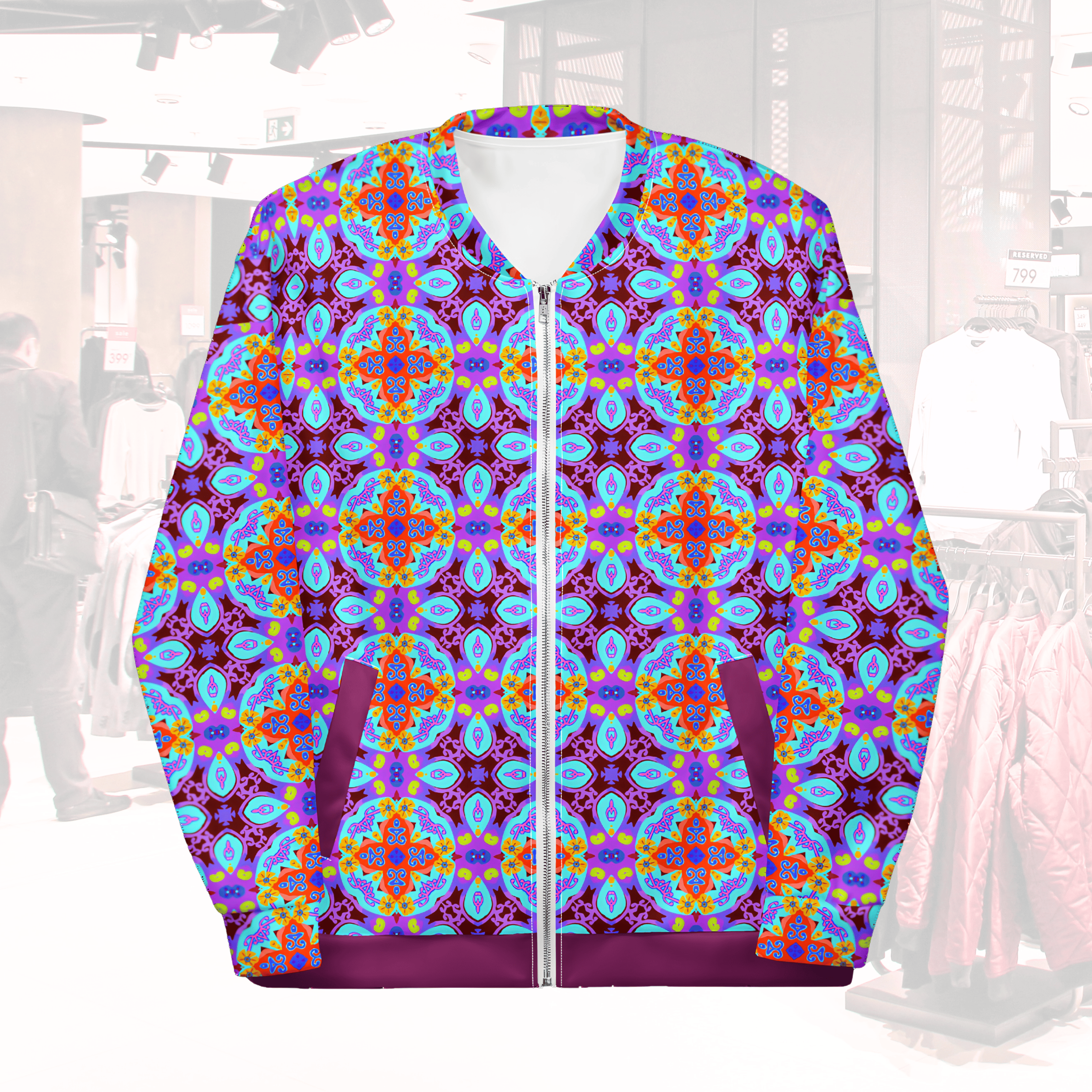 Vibrant Apparel New Zealand XS Tiled Mandala Unisex Bomber Jacket | Vibrant All-Over Print Fleece