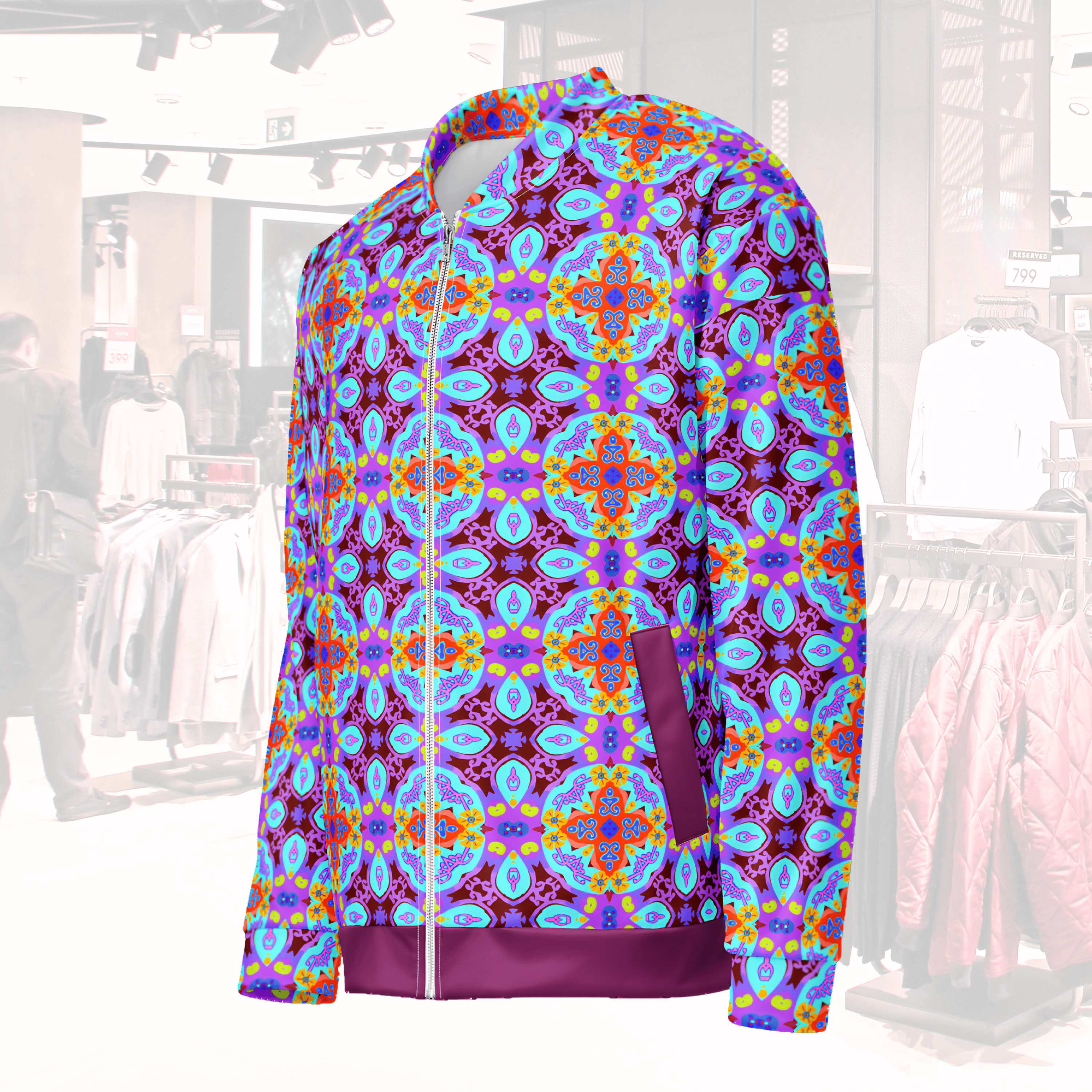 Vibrant Apparel New Zealand Tiled Mandala Unisex Bomber Jacket | Vibrant All-Over Print Fleece