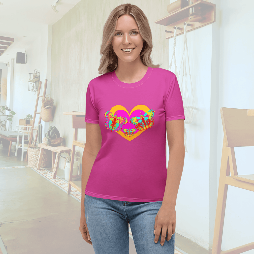Vibrant Apparel New Zealand T-SHIRT Butterfly Heart Women’s All-Over Print T-Shirt | Pink Graphic Tee