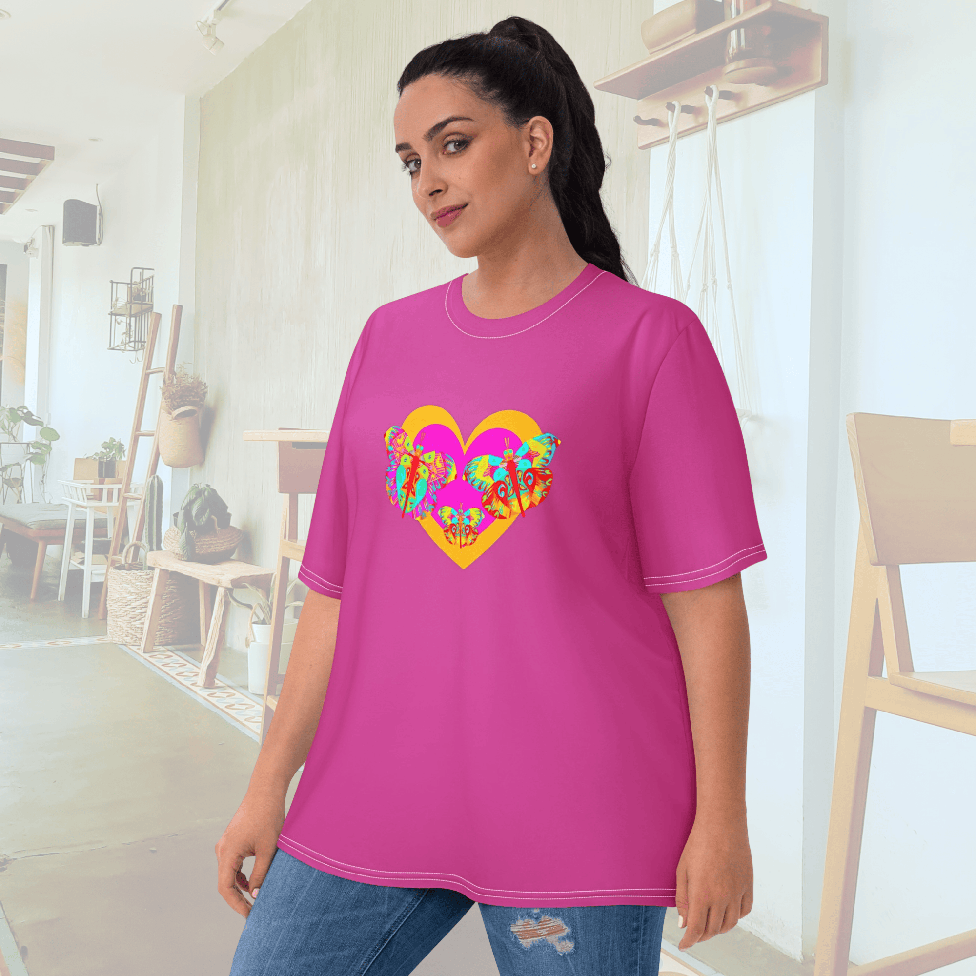 Vibrant Apparel New Zealand T-SHIRT Butterfly Heart Women’s All-Over Print T-Shirt | Pink Graphic Tee