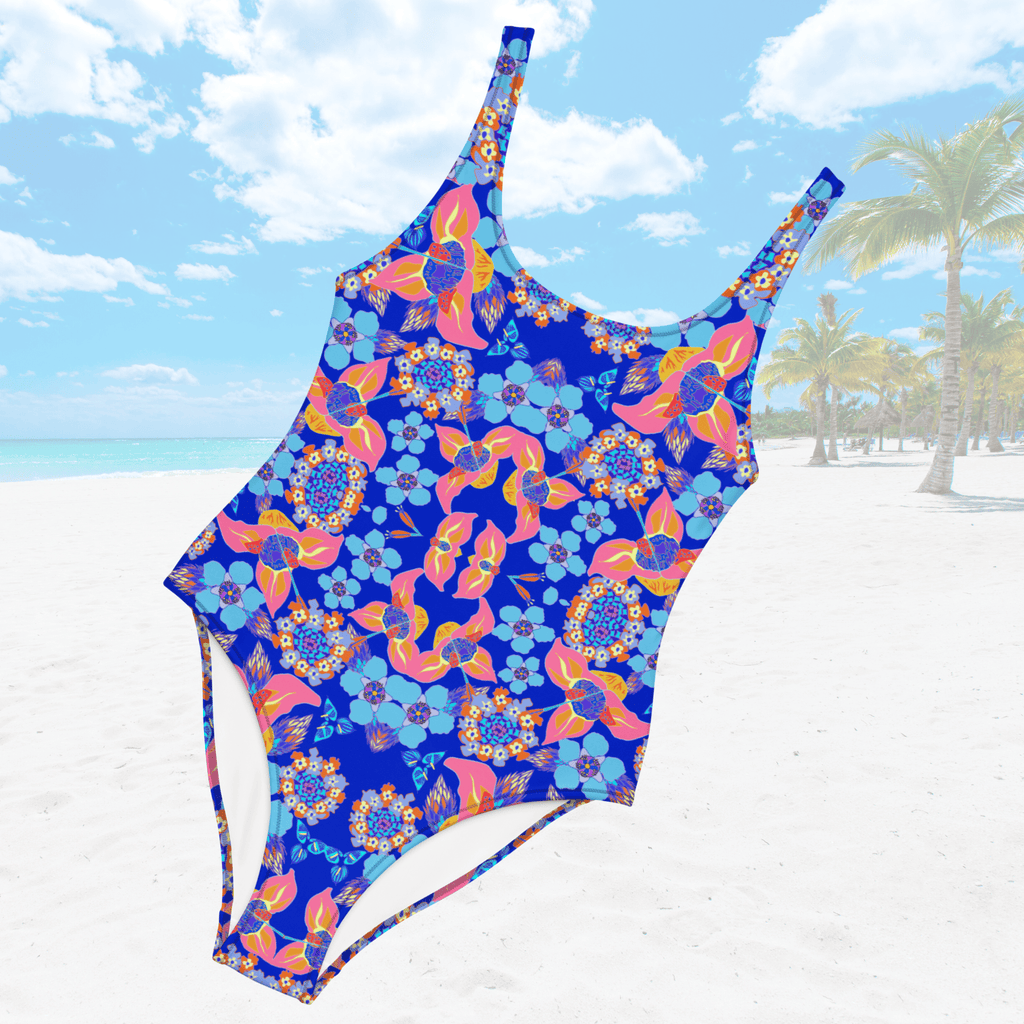 Vibrant Apparel New Zealand CUT-SEW XS Tropical Blue Pink Floral One-Piece Swimsuit