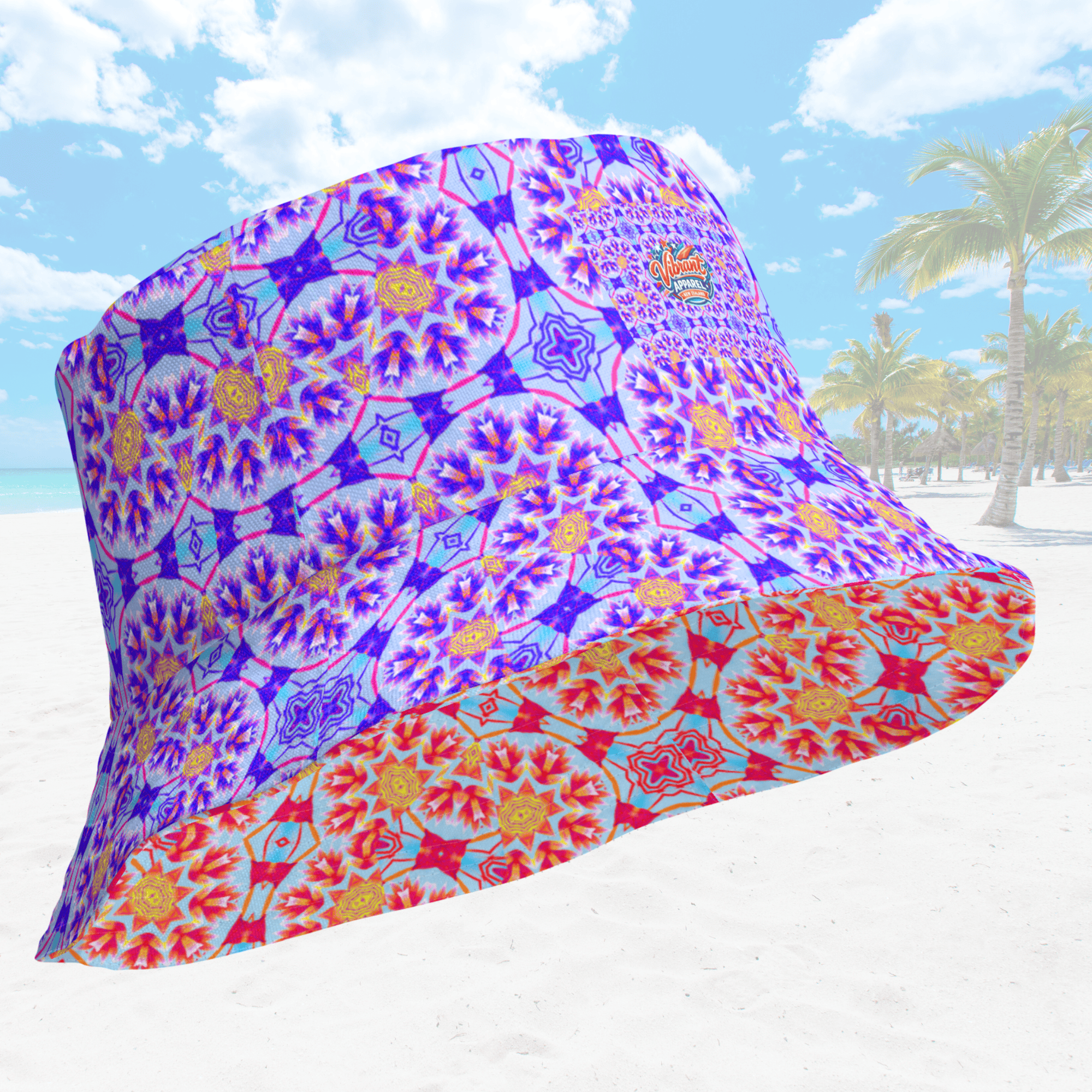 Vibrant Apparel New Zealand Reversible Kaleidoscope Bucket Hat | Purple & Orange Sunburst Festival Hat