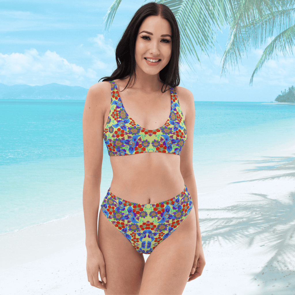 Vibrant Apparel New Zealand CUT-SEW Recycled High-Waisted Bikini, Colorful Floral Print Swimsuit, Sustainable Beach Swimwear