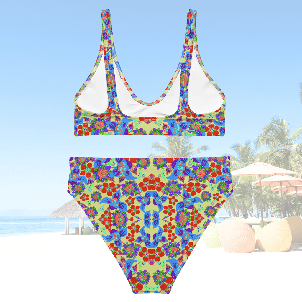 Vibrant Apparel New Zealand CUT-SEW Recycled High-Waisted Bikini, Colorful Floral Print Swimsuit, Sustainable Beach Swimwear