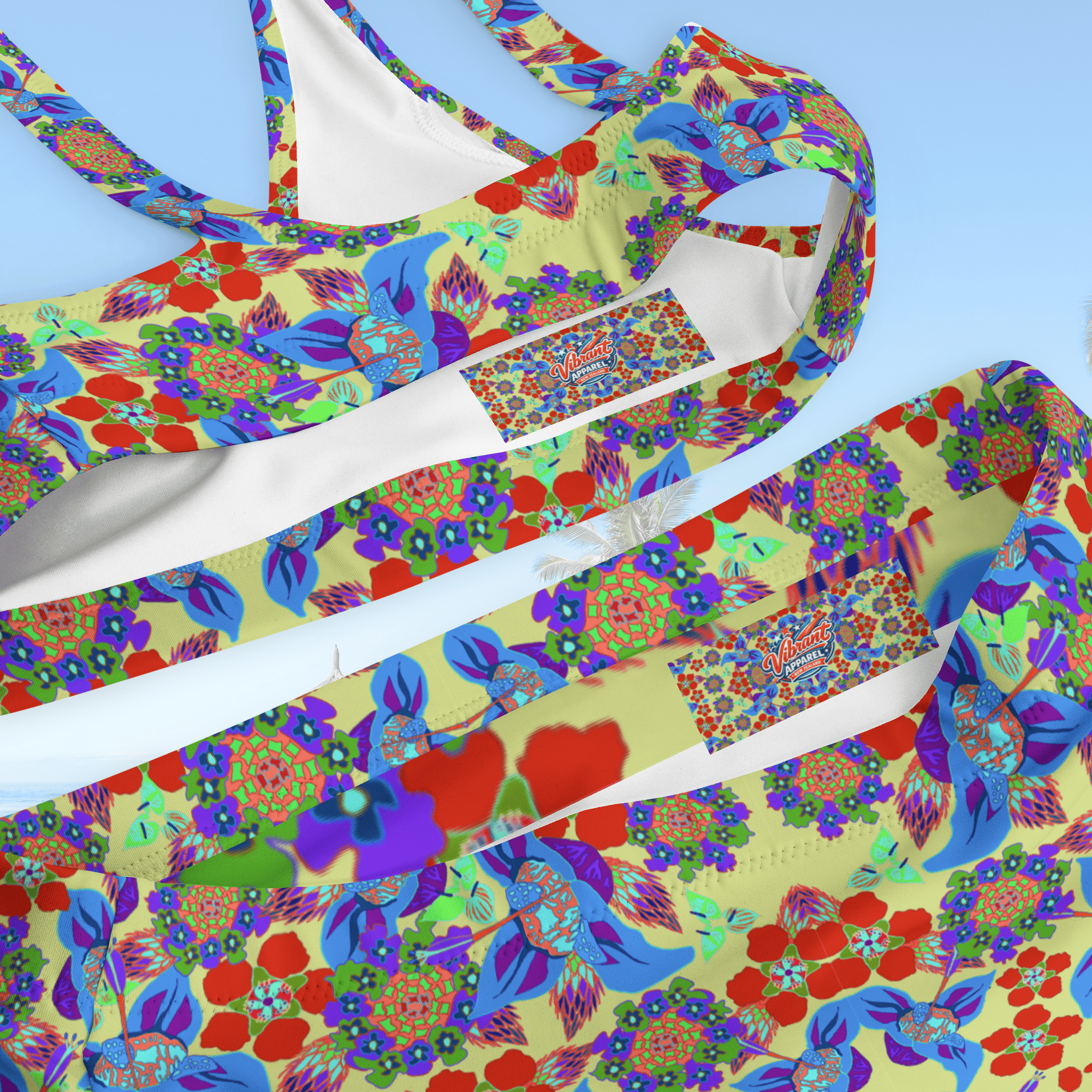 Vibrant Apparel New Zealand CUT-SEW Recycled High-Waisted Bikini, Colorful Floral Print Swimsuit, Sustainable Beach Swimwear