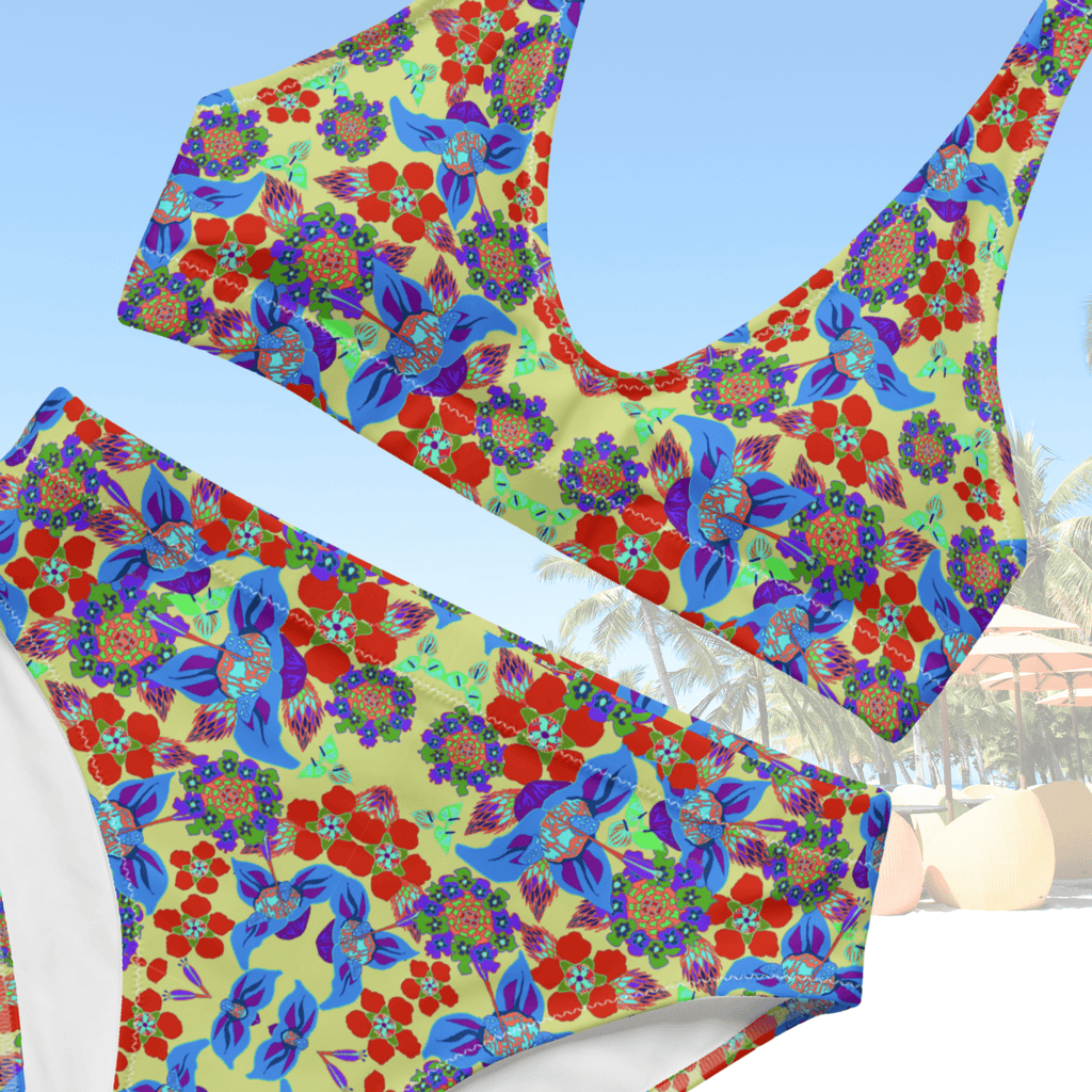 Vibrant Apparel New Zealand CUT-SEW Recycled High-Waisted Bikini, Colorful Floral Print Swimsuit, Sustainable Beach Swimwear