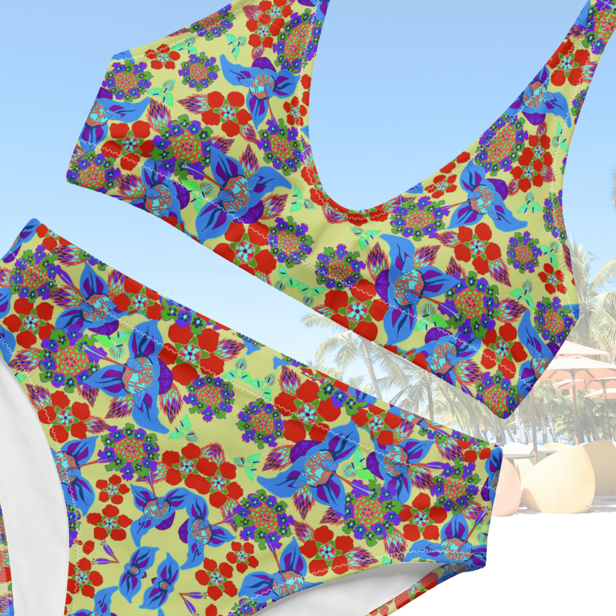 Vibrant Apparel New Zealand CUT-SEW Recycled High-Waisted Bikini, Colorful Floral Print Swimsuit, Sustainable Beach Swimwear