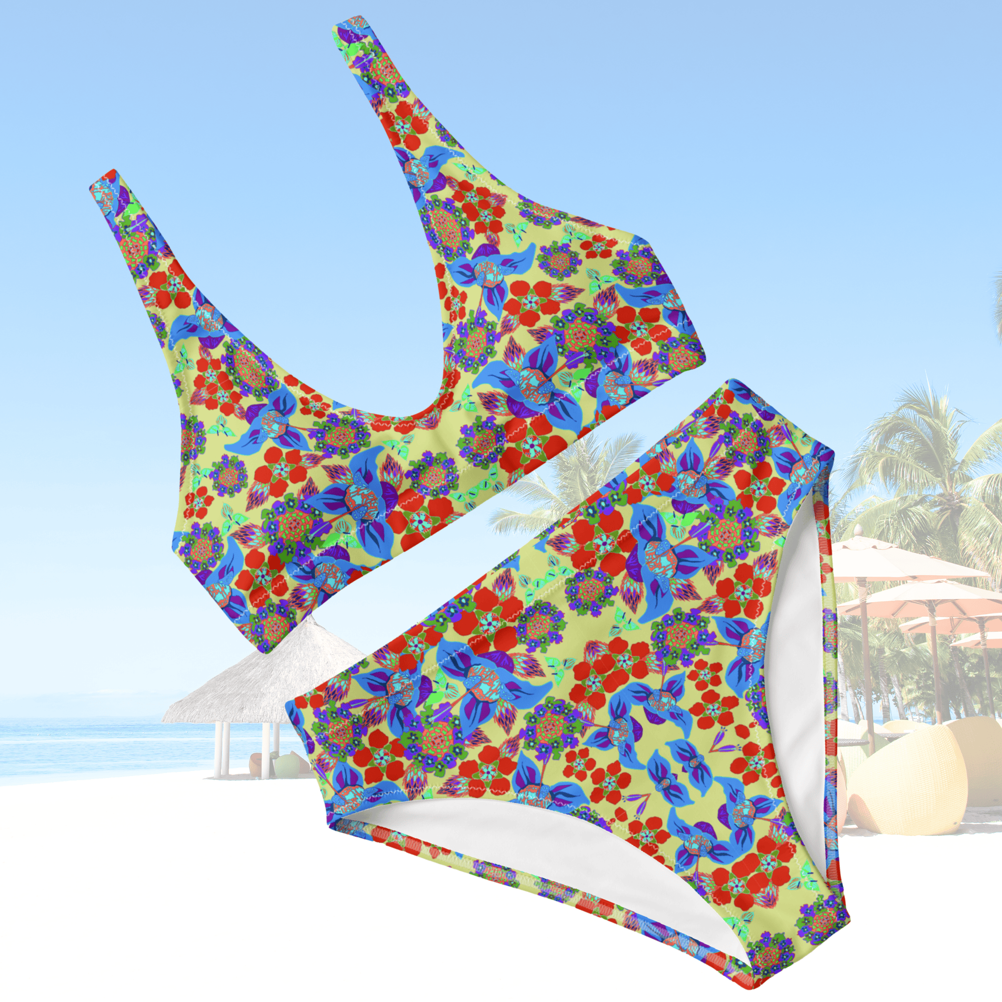 Vibrant Apparel New Zealand CUT-SEW XS Recycled High-Waisted Bikini, Colorful Floral Print Swimsuit, Sustainable Beach Swimwear