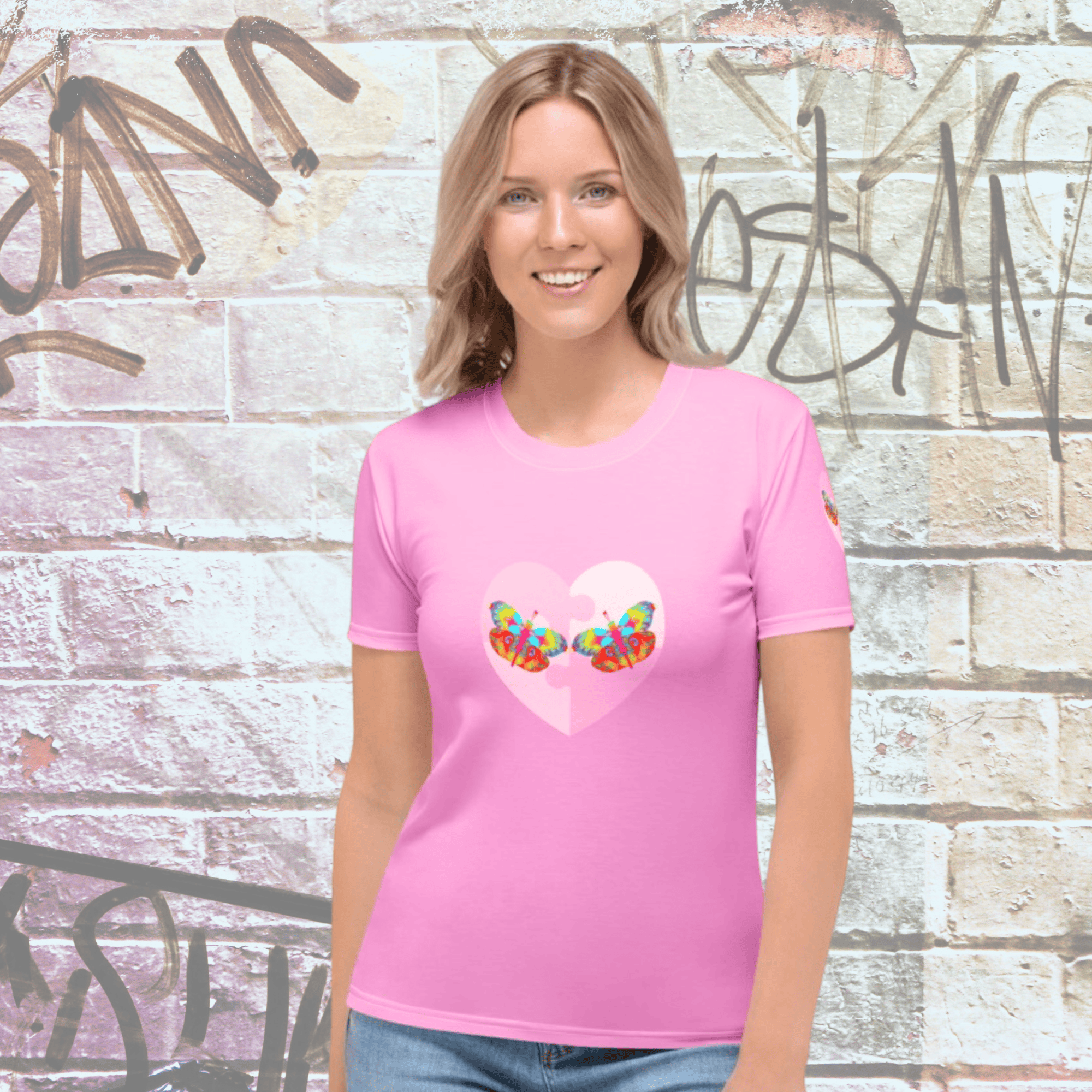 Vibrant Apparel New Zealand T-SHIRT S Pink Butterfly Heart Women’s Crew Neck T-Shirt | Soft Stretch All-Over Print Tee