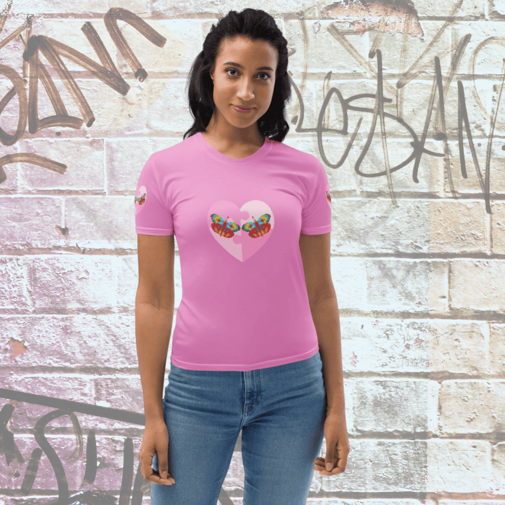 Vibrant Apparel New Zealand T-SHIRT XS Pink Butterfly Heart Women’s Crew Neck T-Shirt | Soft Stretch All-Over Print Tee