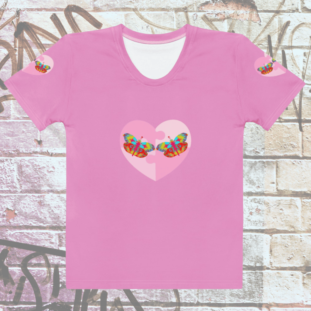 Vibrant Apparel New Zealand T-SHIRT Pink Butterfly Heart Women’s Crew Neck T-Shirt | Soft Stretch All-Over Print Tee