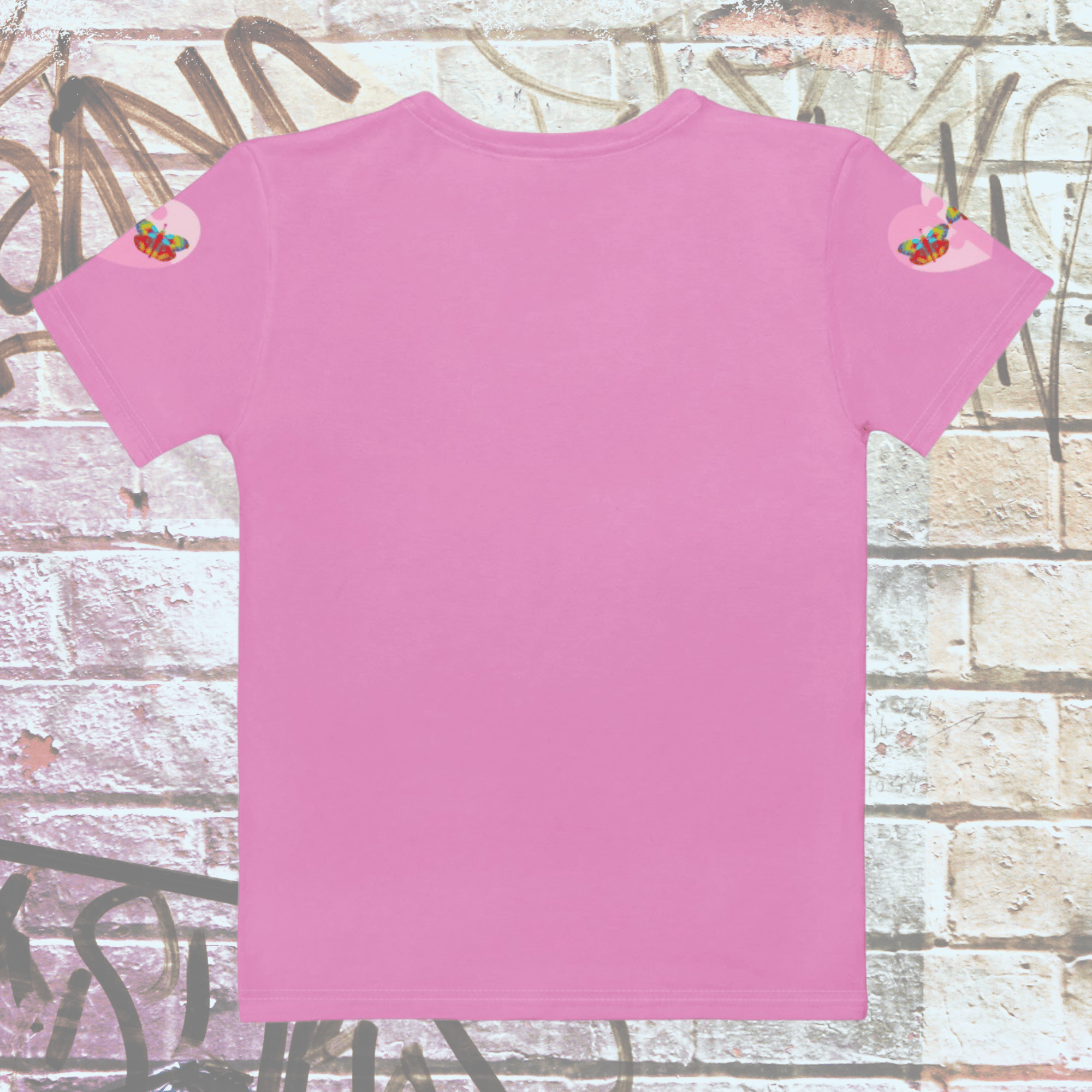 Vibrant Apparel New Zealand T-SHIRT Pink Butterfly Heart Women’s Crew Neck T-Shirt | Soft Stretch All-Over Print Tee