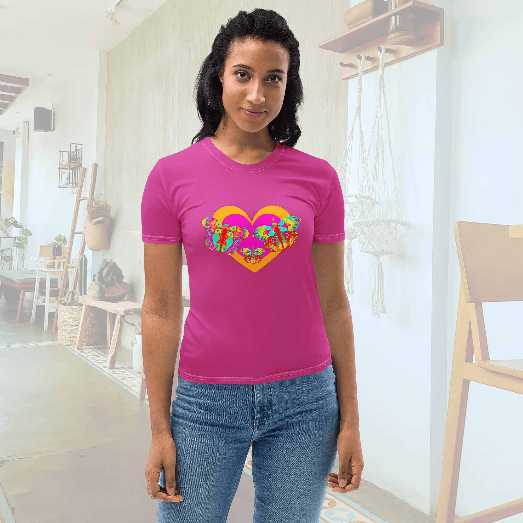Vibrant Apparel New Zealand T-SHIRT Butterfly Heart Women’s All-Over Print T-Shirt | Pink Graphic Tee