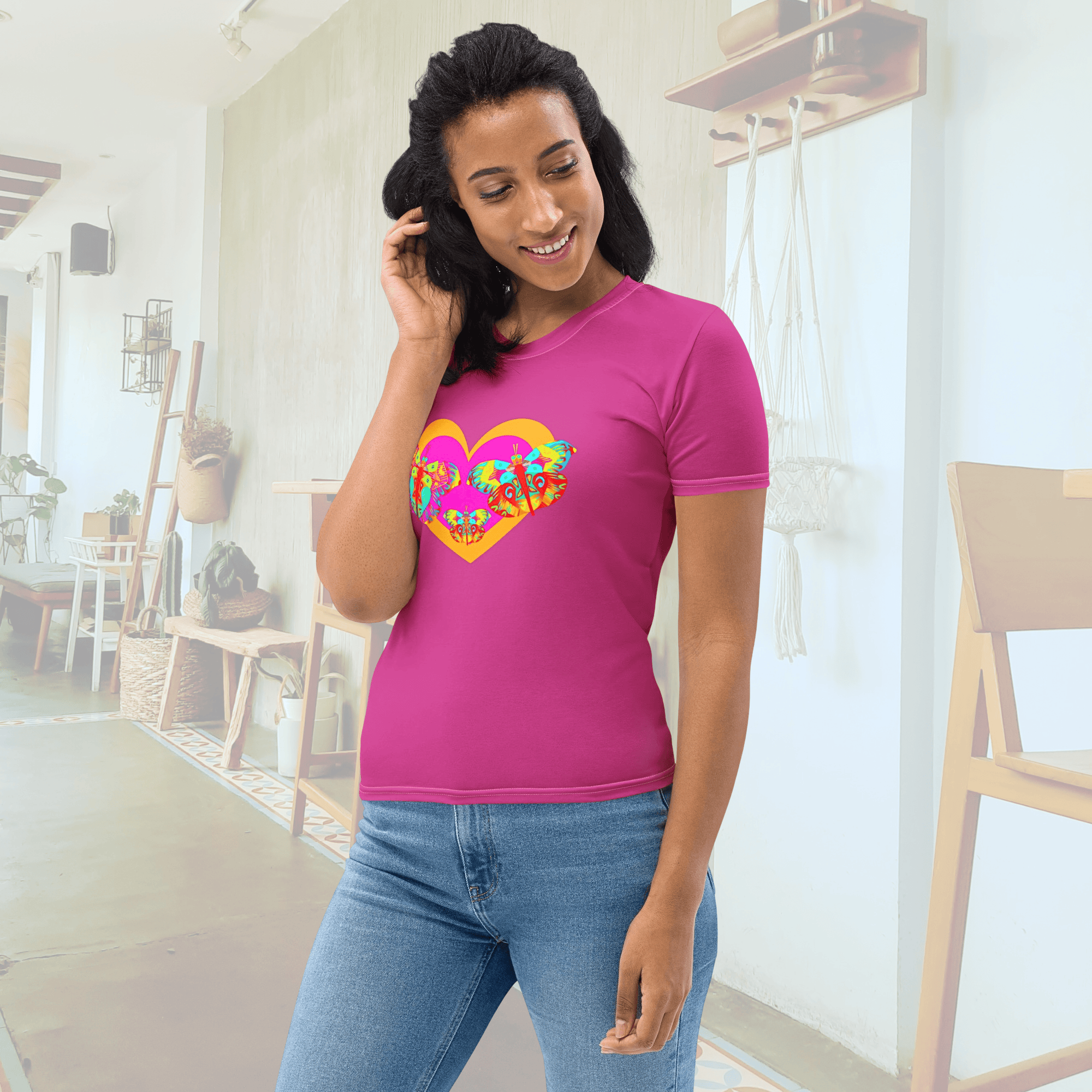 Vibrant Apparel New Zealand T-SHIRT Butterfly Heart Women’s All-Over Print T-Shirt | Pink Graphic Tee