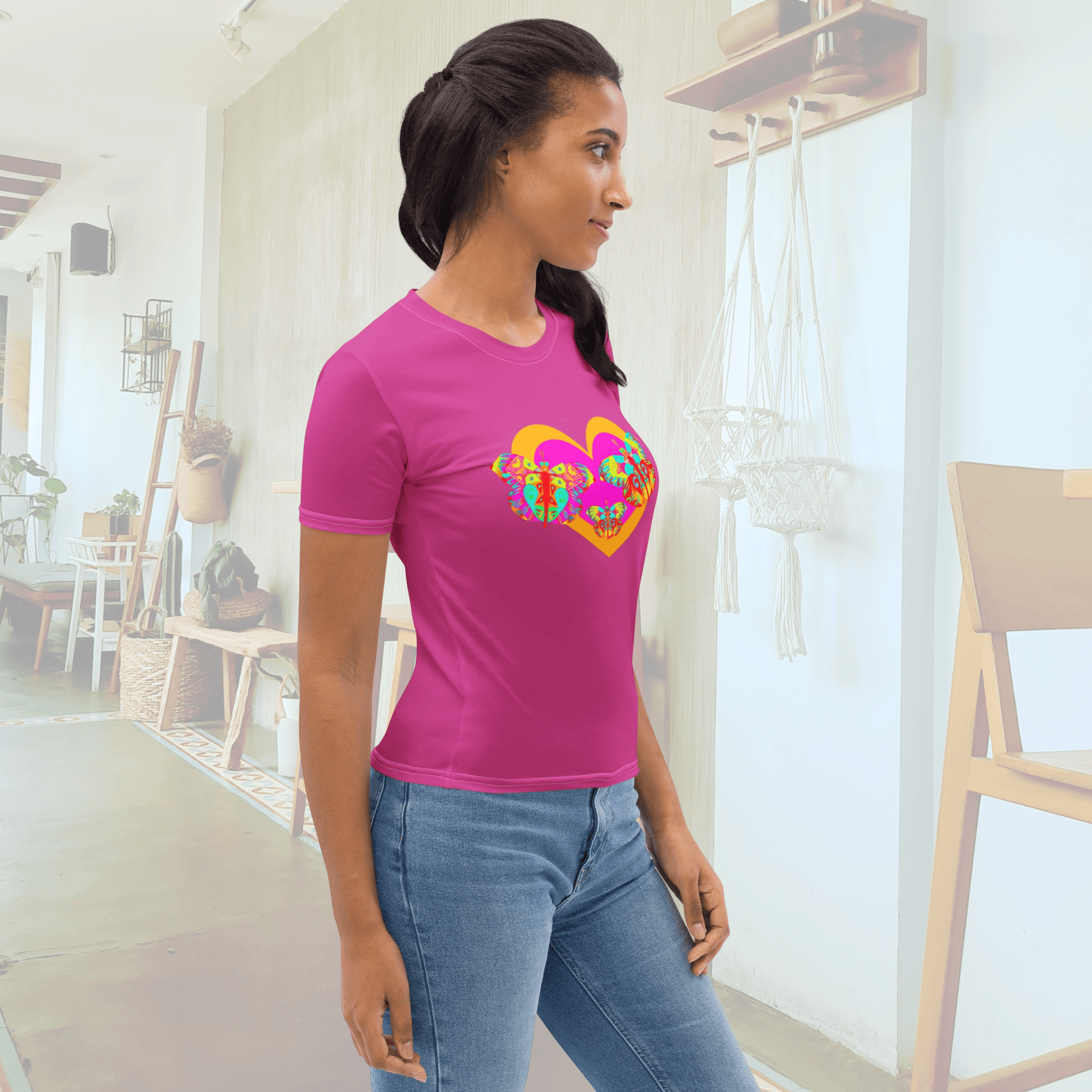 Vibrant Apparel New Zealand T-SHIRT Butterfly Heart Women’s All-Over Print T-Shirt | Pink Graphic Tee