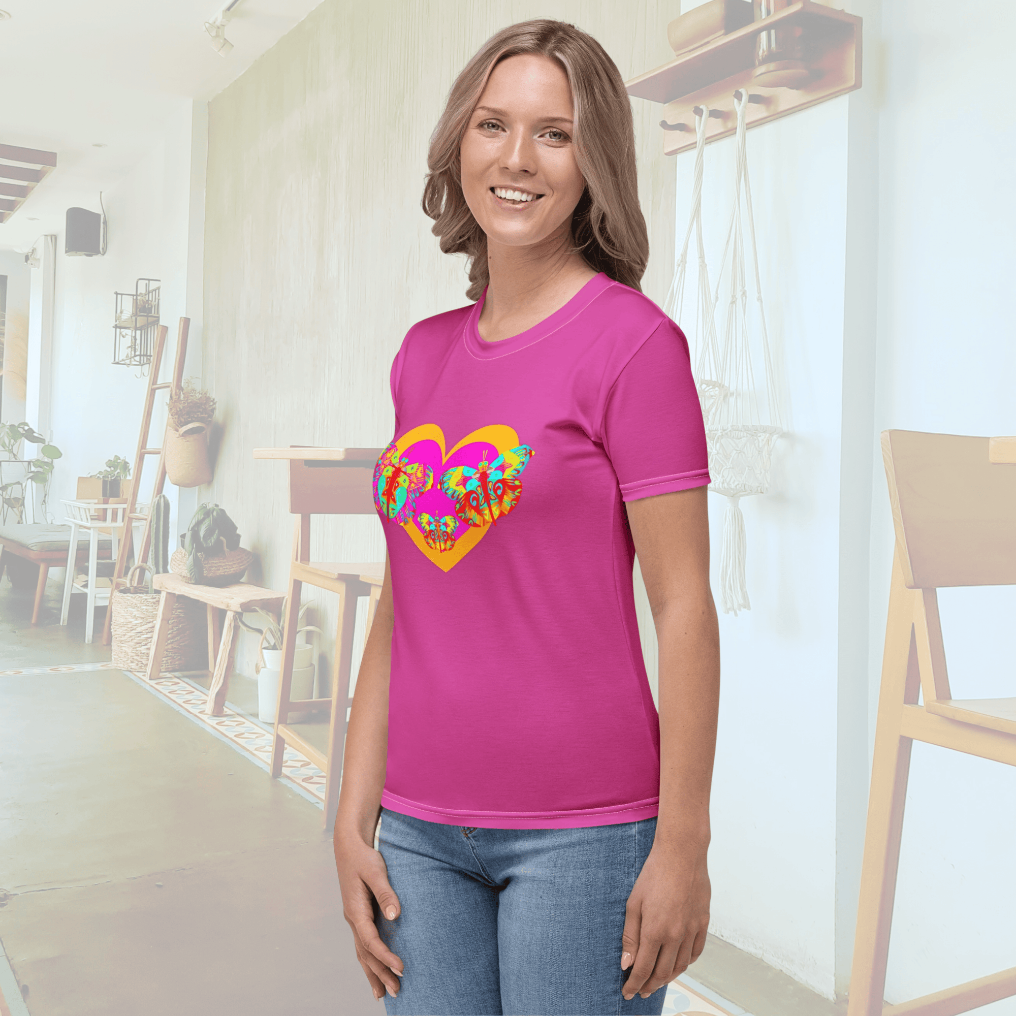 Vibrant Apparel New Zealand T-SHIRT Butterfly Heart Women’s All-Over Print T-Shirt | Pink Graphic Tee