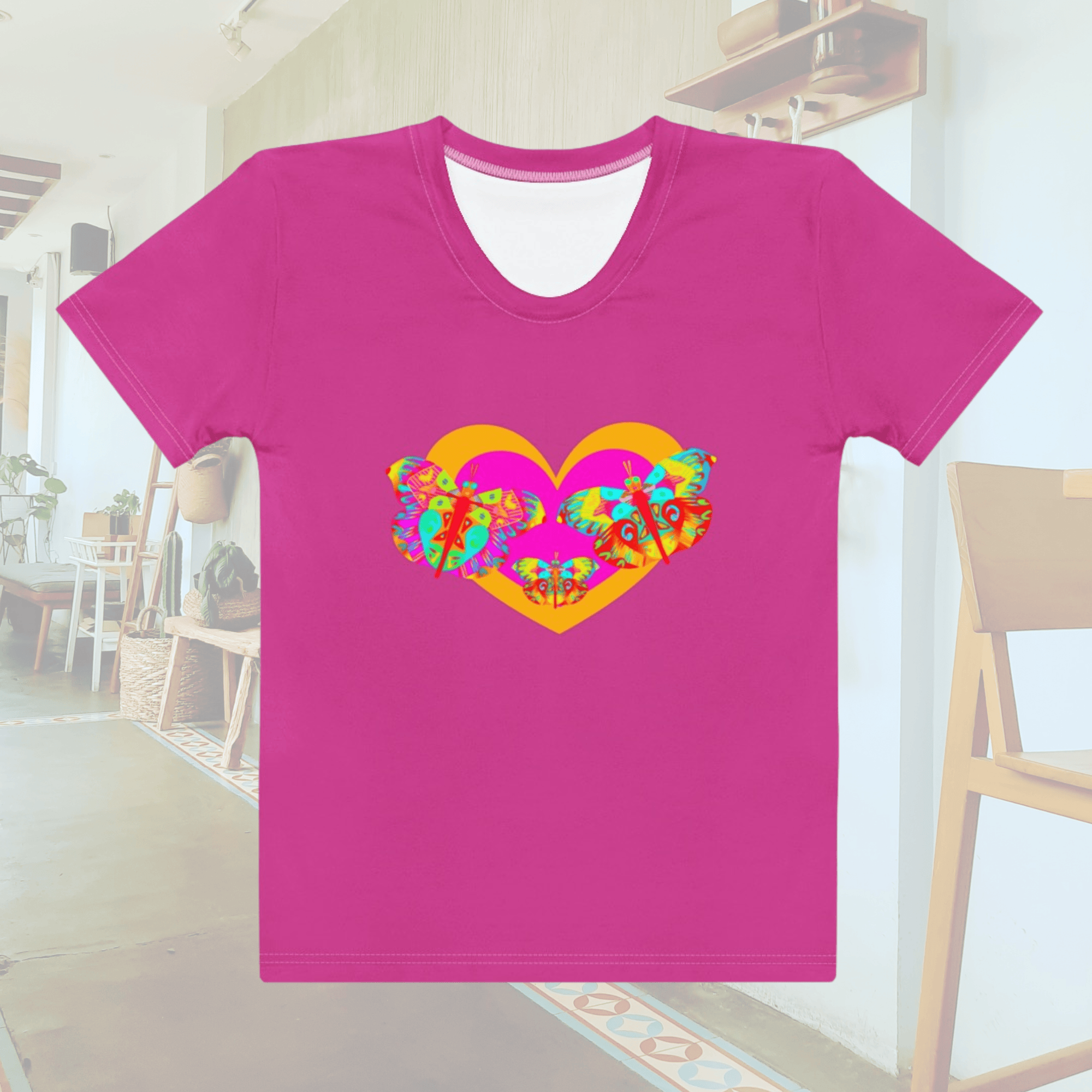 Vibrant Apparel New Zealand T-SHIRT XS Butterfly Heart Women’s All-Over Print T-Shirt | Pink Graphic Tee