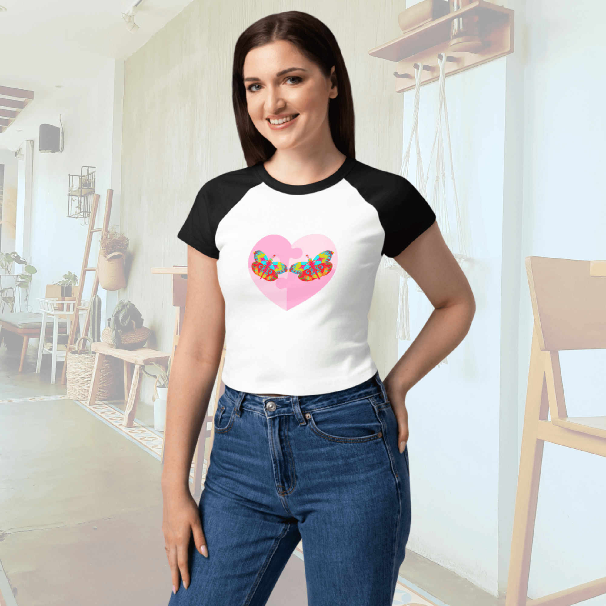 Vibrant Apparel New Zealand T-SHIRT Butterfly Heart Puzzle Micro Rib Raglan Baby Tee