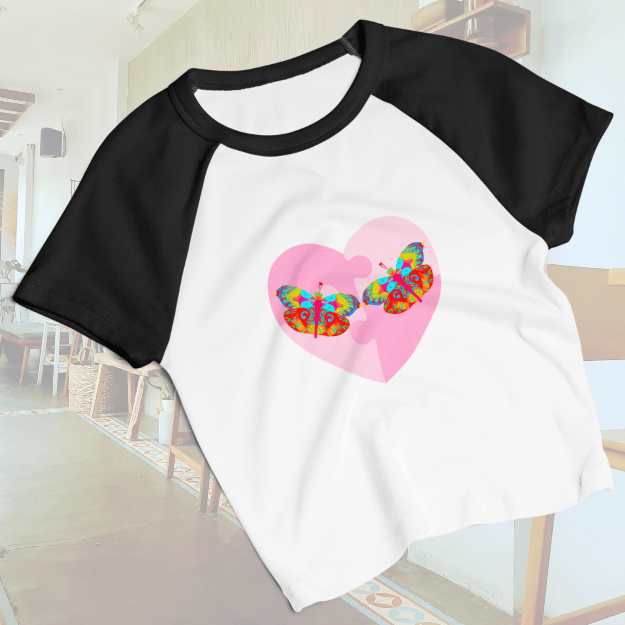 Vibrant Apparel New Zealand T-SHIRT Butterfly Heart Puzzle Micro Rib Raglan Baby Tee