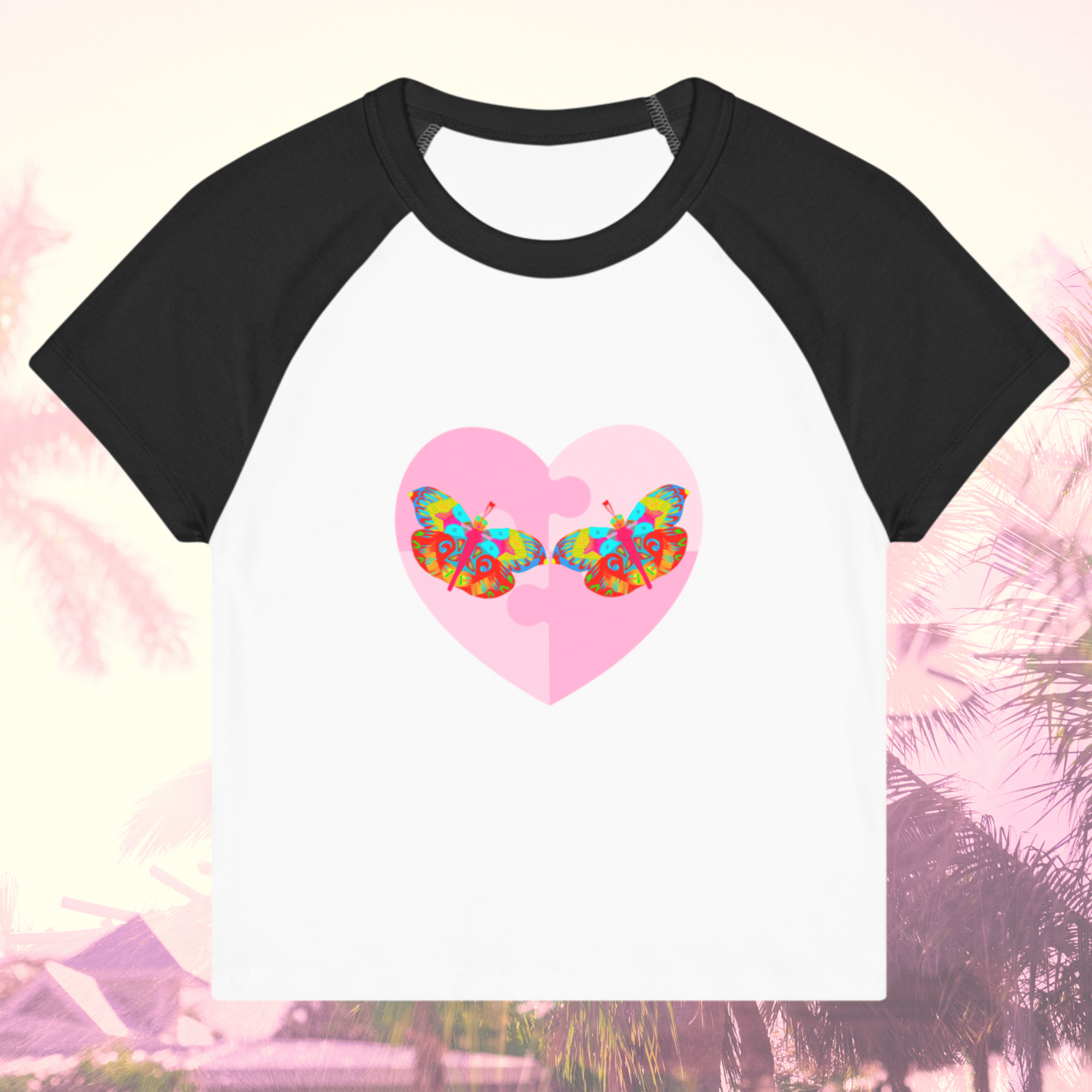 Vibrant Apparel New Zealand T-SHIRT White/Black / S Butterfly Heart Puzzle Micro Rib Raglan Baby Tee