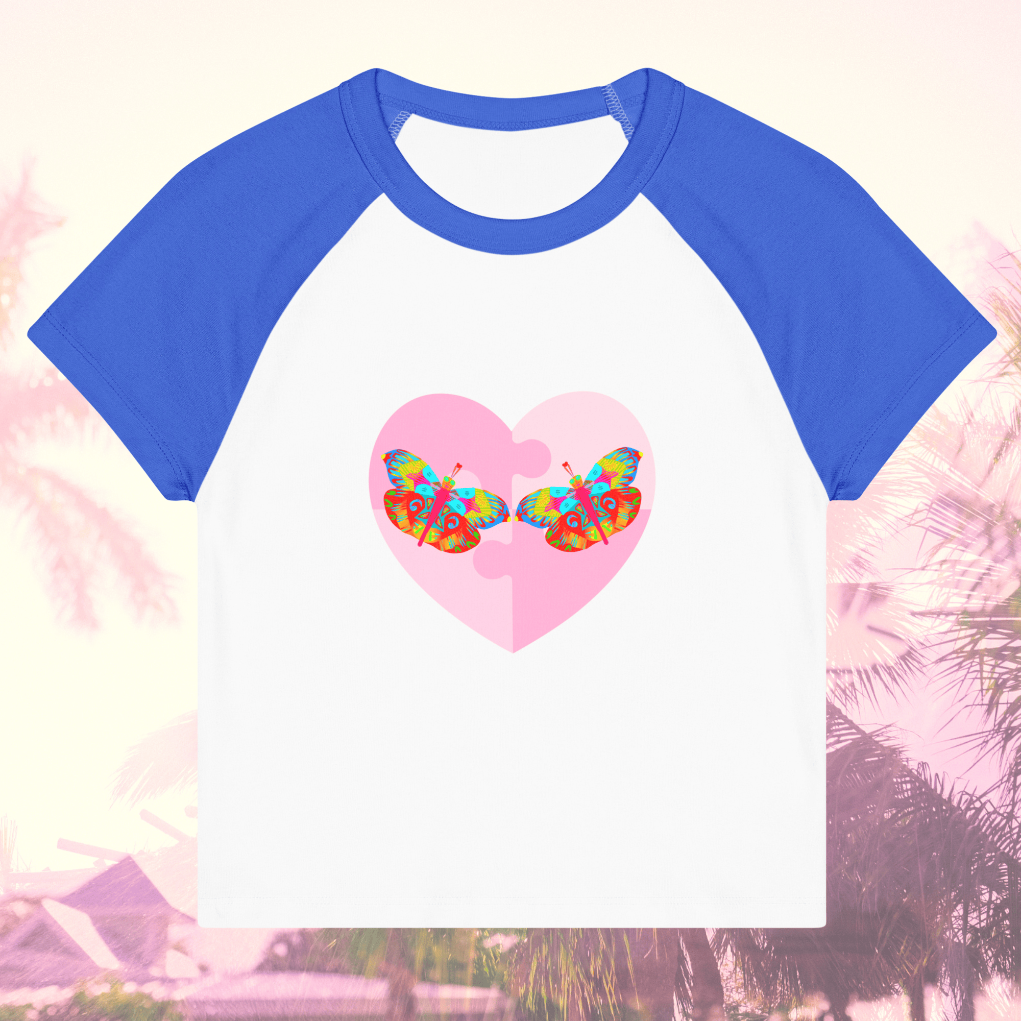 Vibrant Apparel New Zealand T-SHIRT White /True Royal / S Butterfly Heart Puzzle Micro Rib Raglan Baby Tee