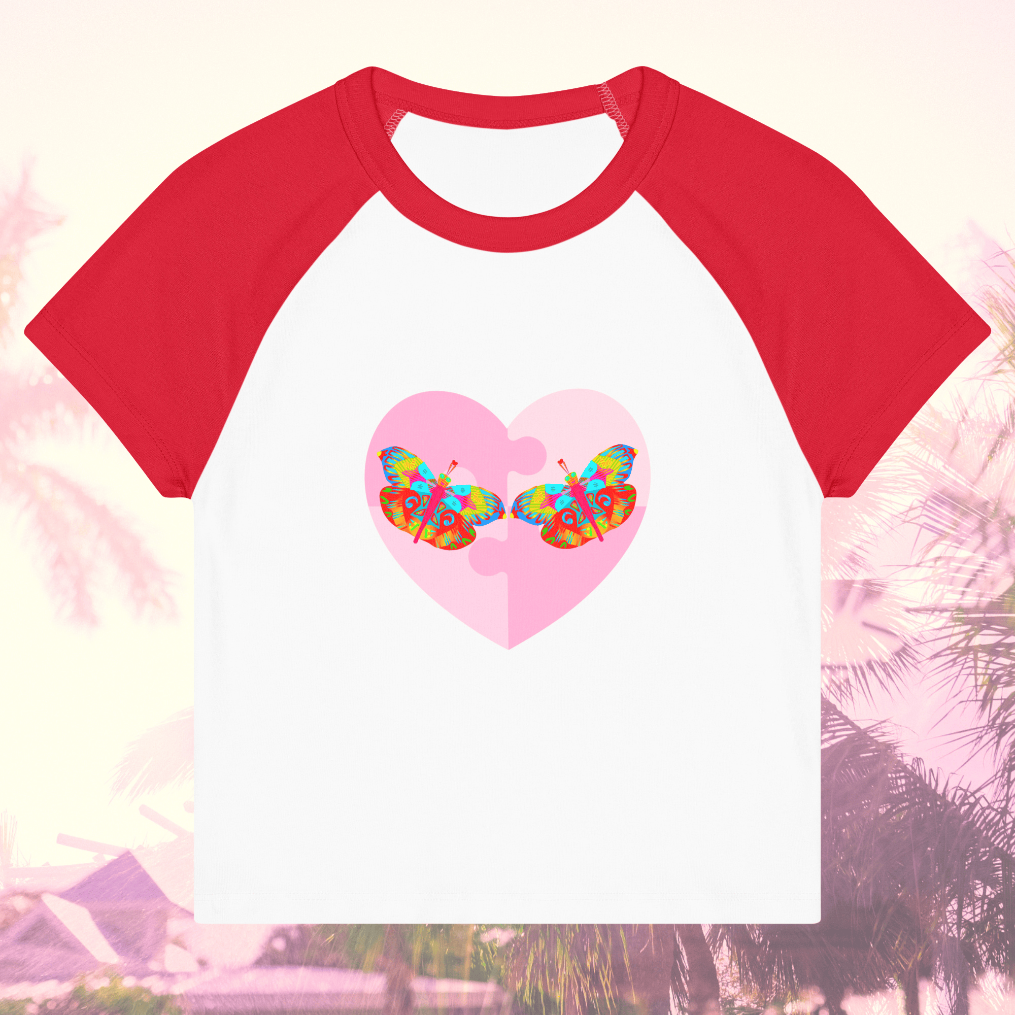 Vibrant Apparel New Zealand T-SHIRT White/Red / S Butterfly Heart Puzzle Micro Rib Raglan Baby Tee
