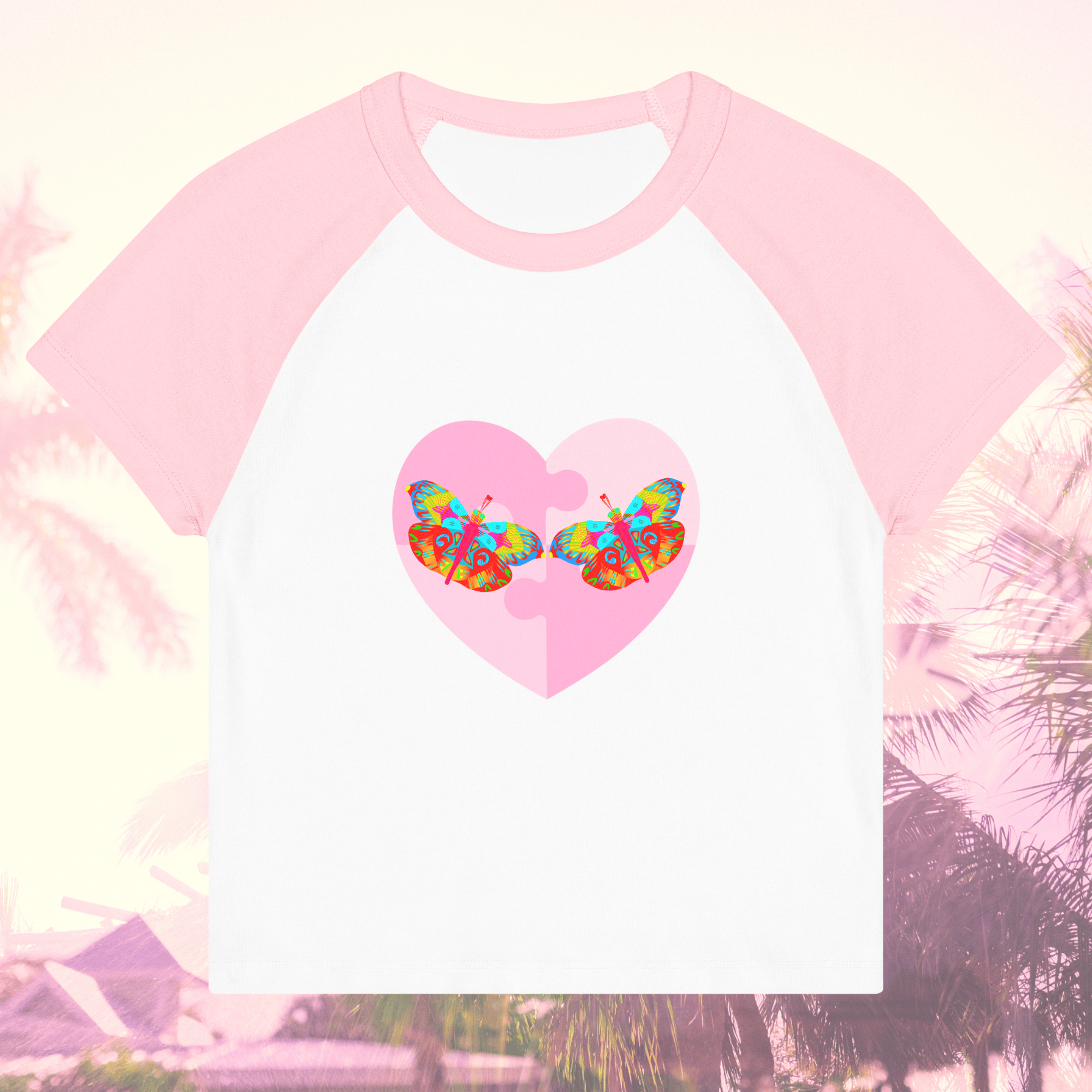 Vibrant Apparel New Zealand T-SHIRT White/Pink / S Butterfly Heart Puzzle Micro Rib Raglan Baby Tee