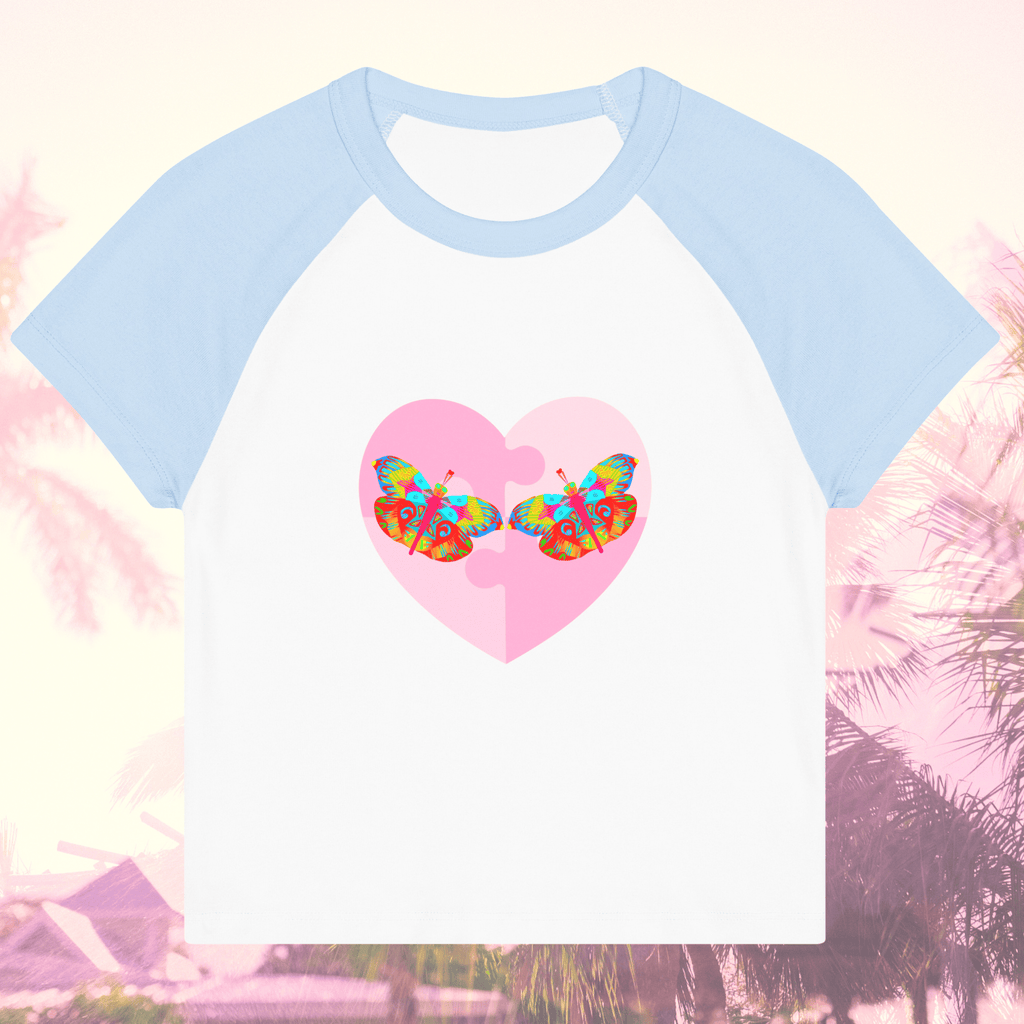 Vibrant Apparel New Zealand T-SHIRT White/Baby Blue / S Butterfly Heart Puzzle Micro Rib Raglan Baby Tee