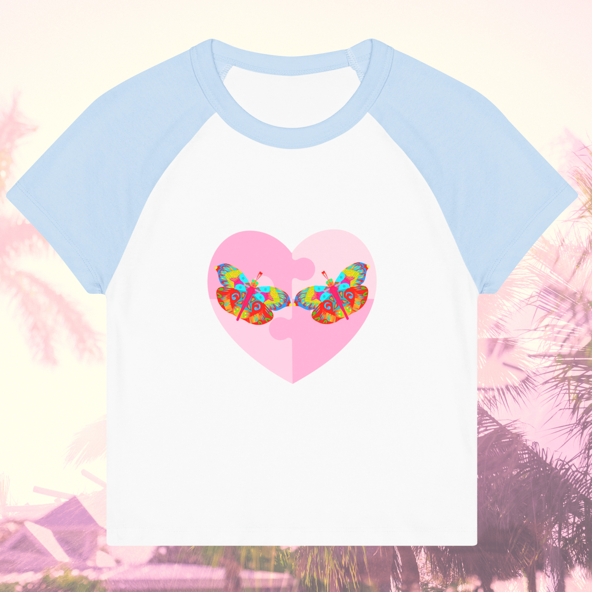 Vibrant Apparel New Zealand T-SHIRT White/Baby Blue / S Butterfly Heart Puzzle Micro Rib Raglan Baby Tee