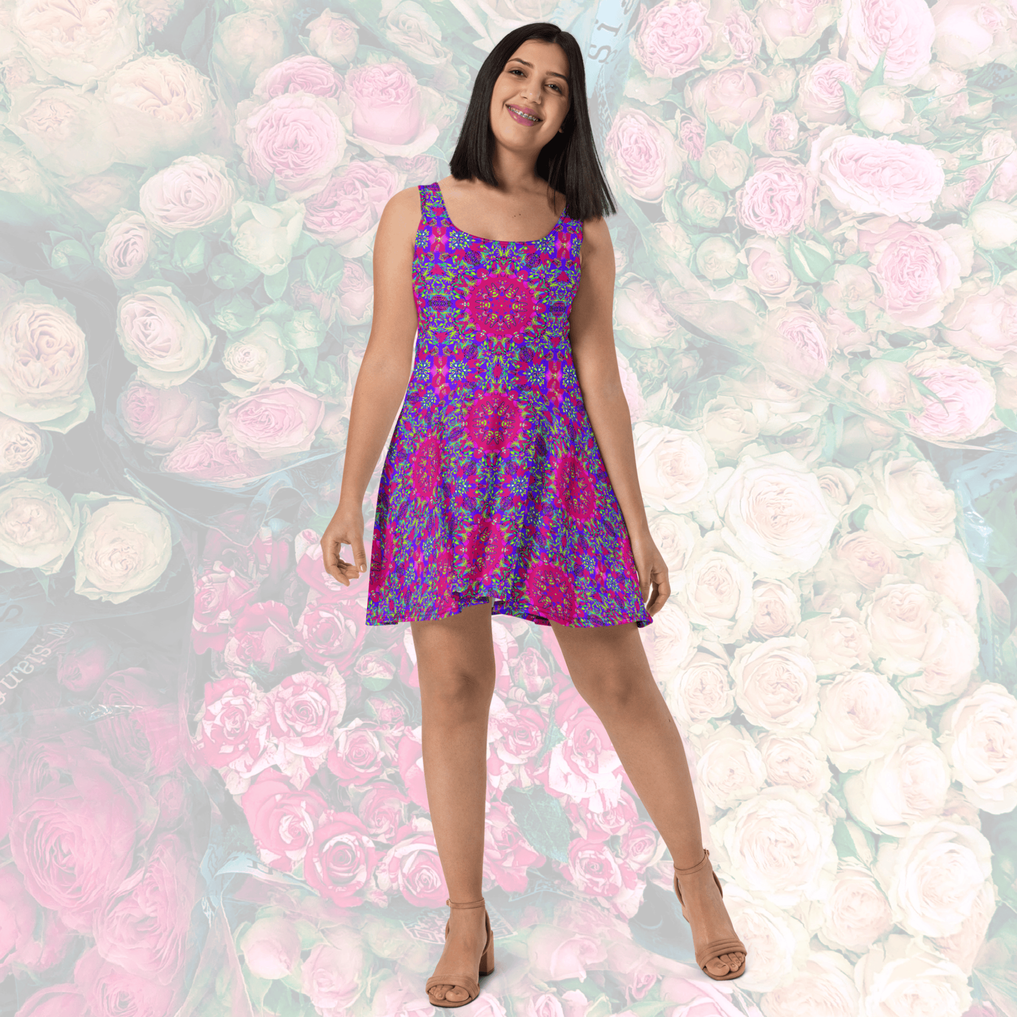 Vibrant Apparel New Zealand CUT-SEW Psychedelic Mandala Sleeveless Skater Dress