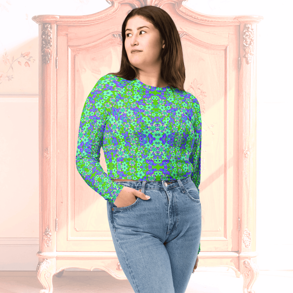 Vibrant Apparel New Zealand CUT-SEW Recycled Crop Top with Blue Green Florals