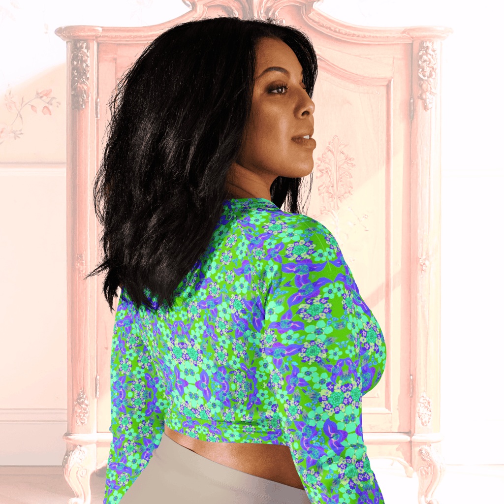 Vibrant Apparel New Zealand CUT-SEW Recycled Crop Top with Blue Green Florals