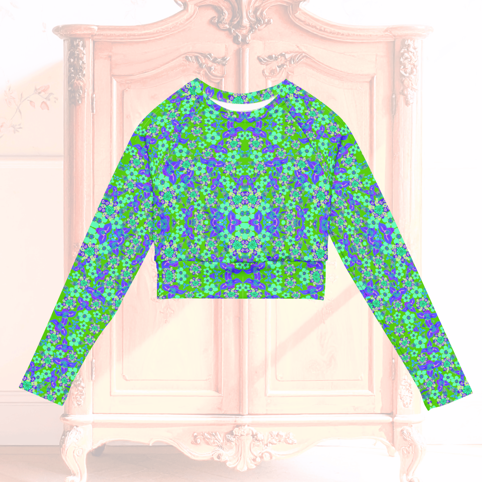 Vibrant Apparel New Zealand CUT-SEW Recycled Crop Top with Blue Green Florals