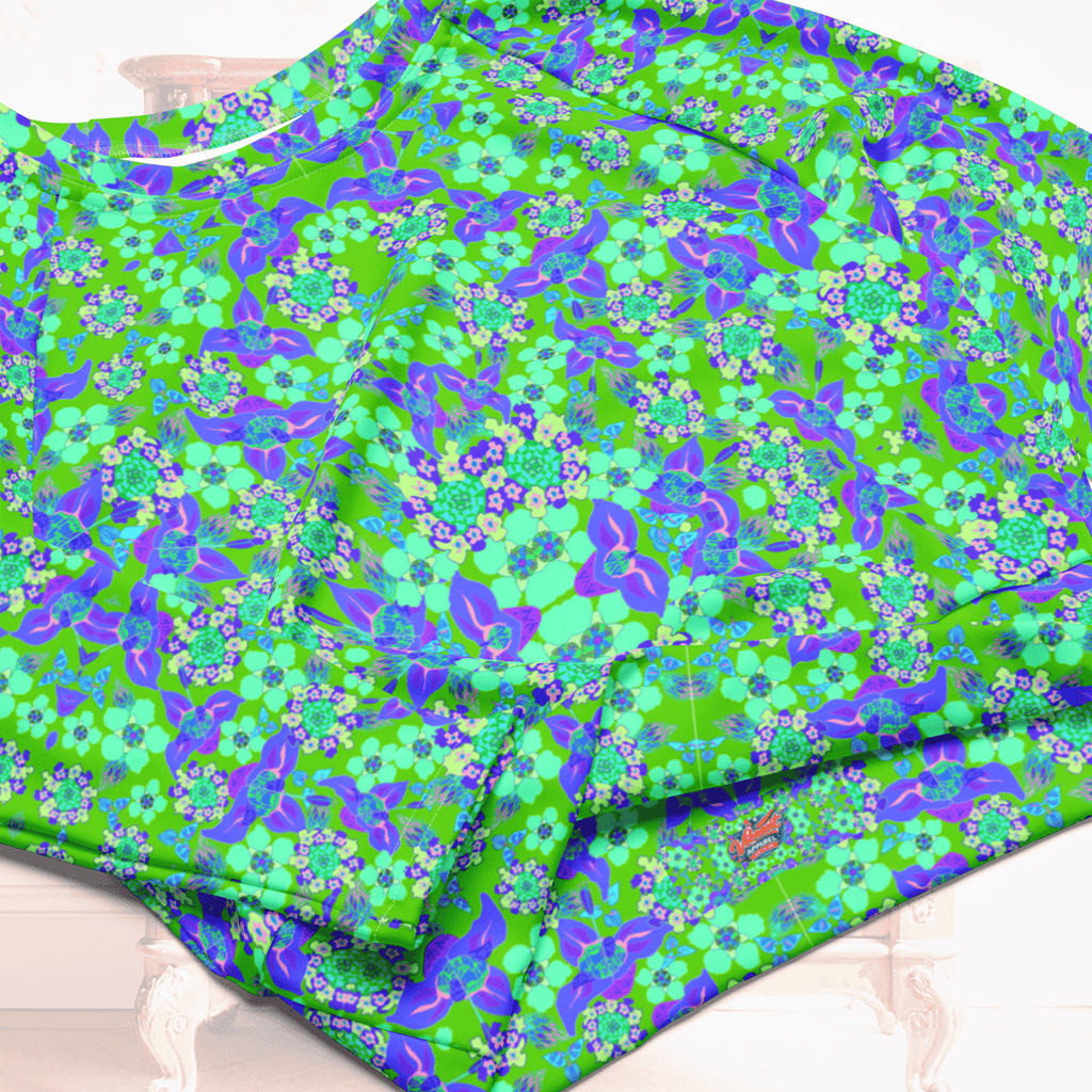 Vibrant Apparel New Zealand CUT-SEW Recycled Crop Top with Blue Green Florals