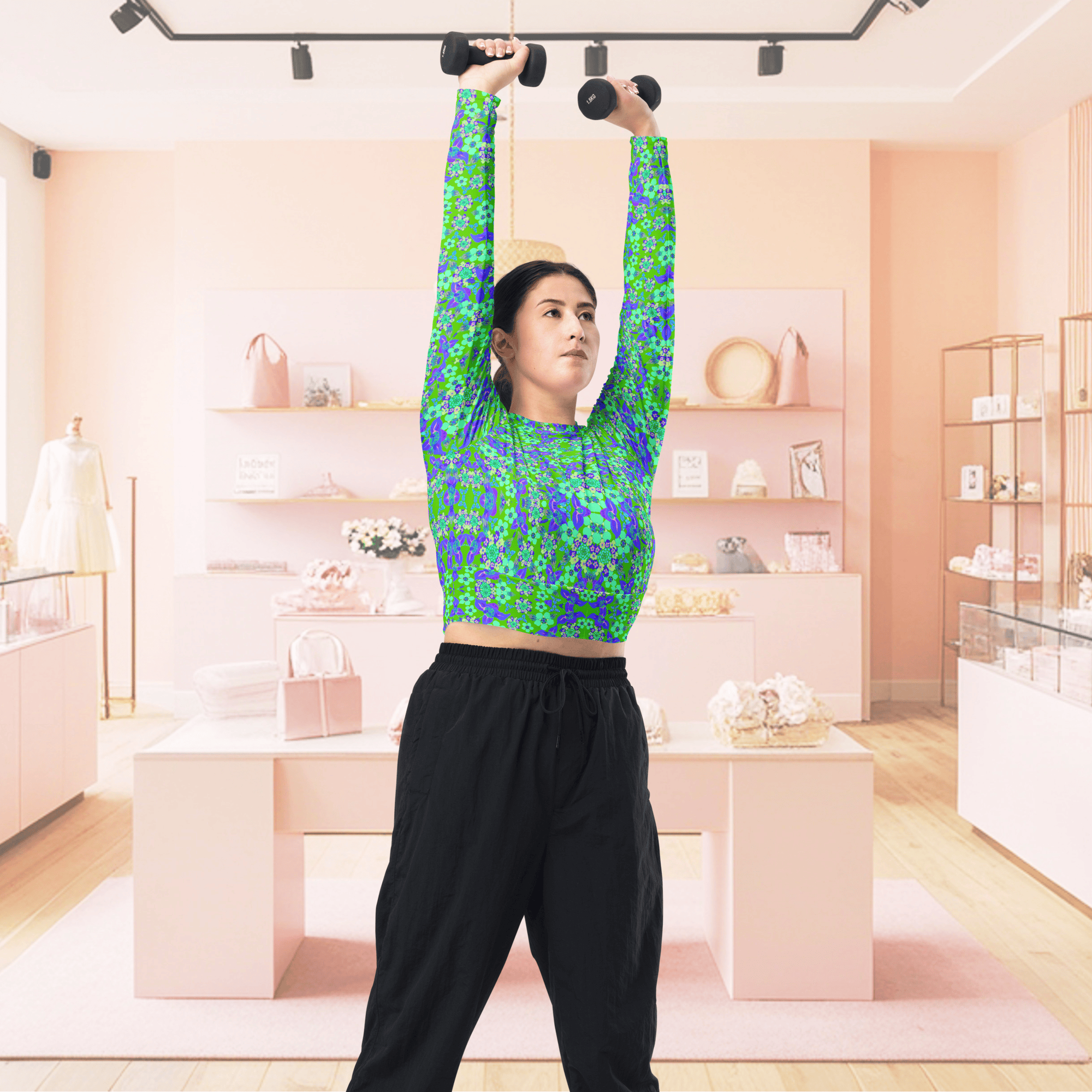 Vibrant Apparel New Zealand CUT-SEW Recycled Crop Top with Blue Green Florals