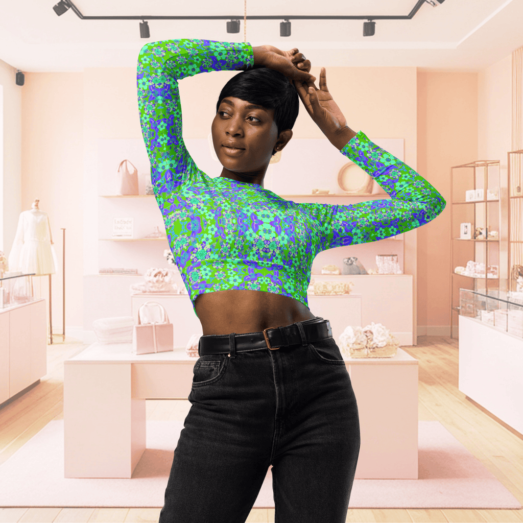 Vibrant Apparel New Zealand CUT-SEW Recycled Crop Top with Blue Green Florals