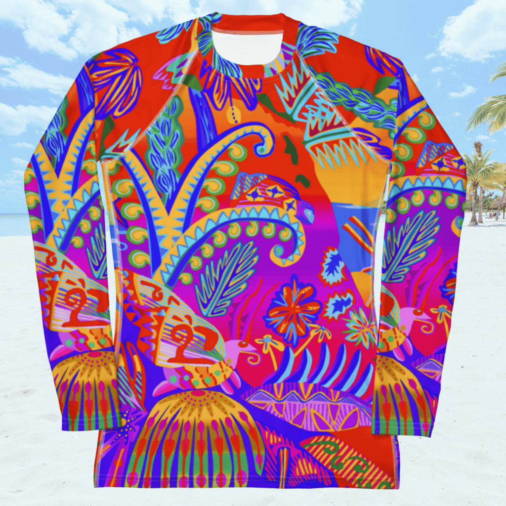 Front view of a long-sleeved rash guard shirt with a vibrant, colorful tropical scene with insects. The top features a mix of red, orange, purple, blue, and green hues with floral and geometric patterns. The rash guard is set against a beach background.