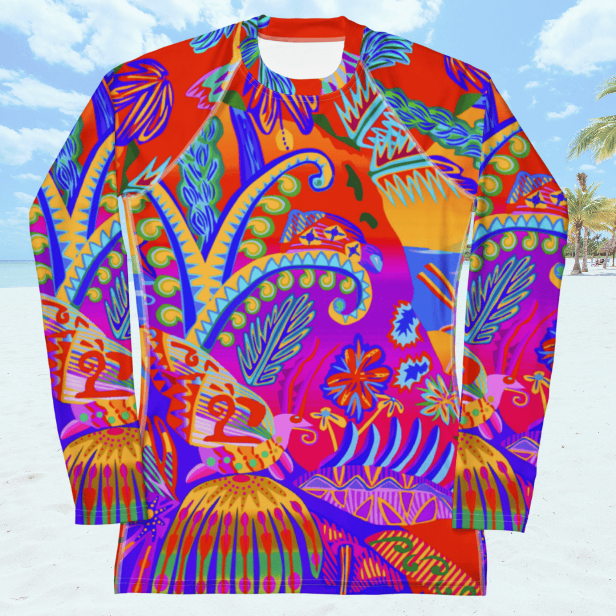 Front view of a long-sleeved rash guard shirt with a vibrant, colorful tropical scene with insects. The top features a mix of red, orange, purple, blue, and green hues with floral and geometric patterns. The rash guard is set against a beach background.