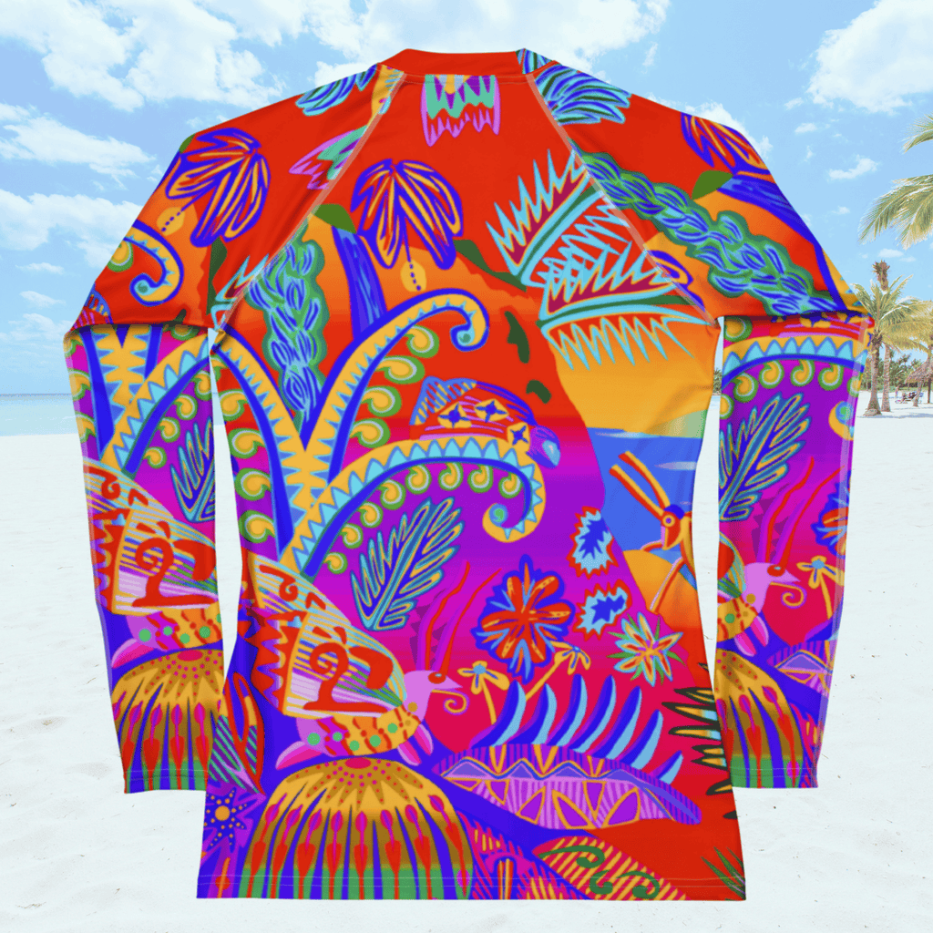 Back view of a long-sleeved rash guard shirt with a vibrant, colorful tropical scene with insects. The top features a mix of red, orange, purple, blue, and green hues with floral and geometric patterns. The rash guard is set against a beach background.