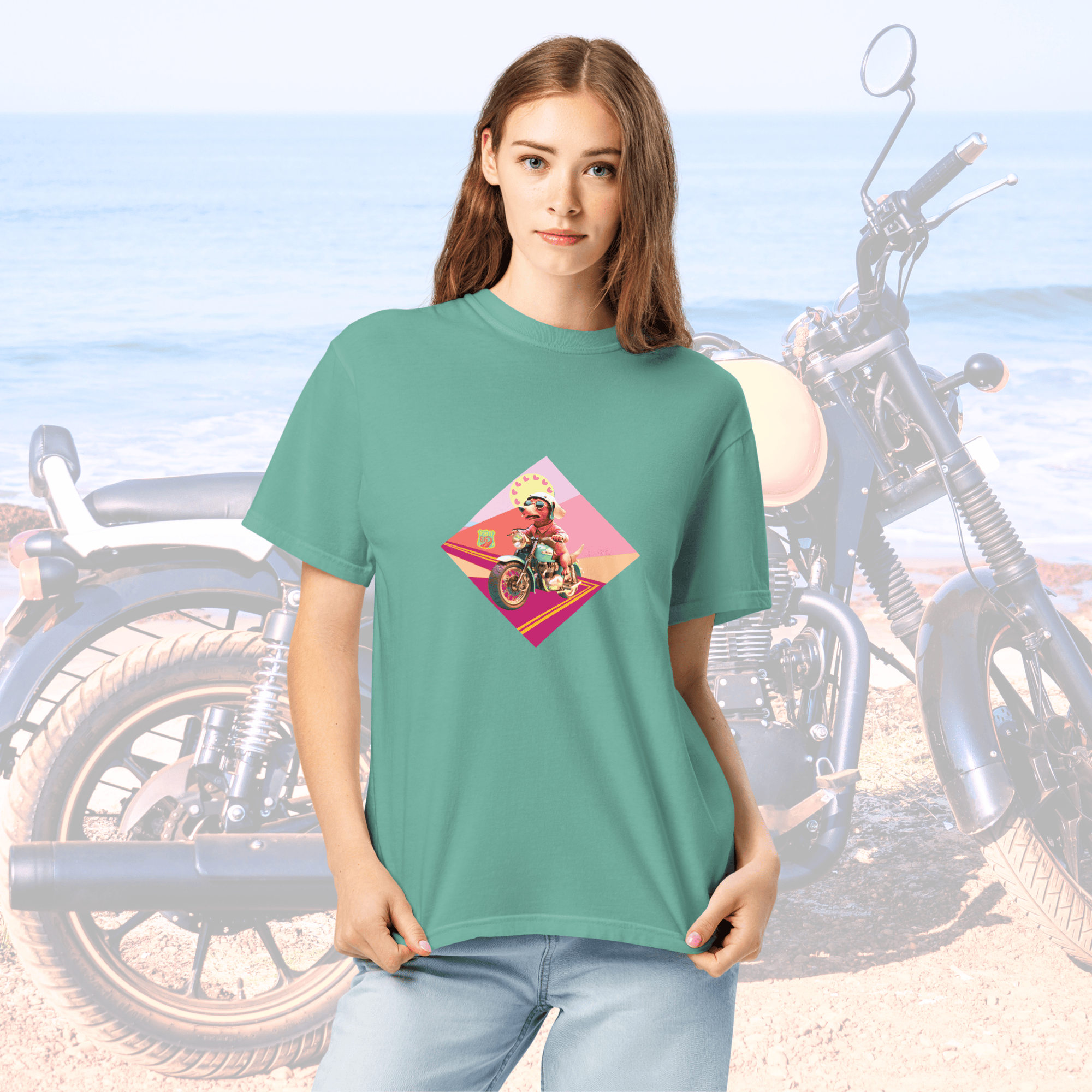 Vibrant Apparel New Zealand T-SHIRT Beagle Dog Motorcycle Graphic Tee | Vibrant Apparel NZ
