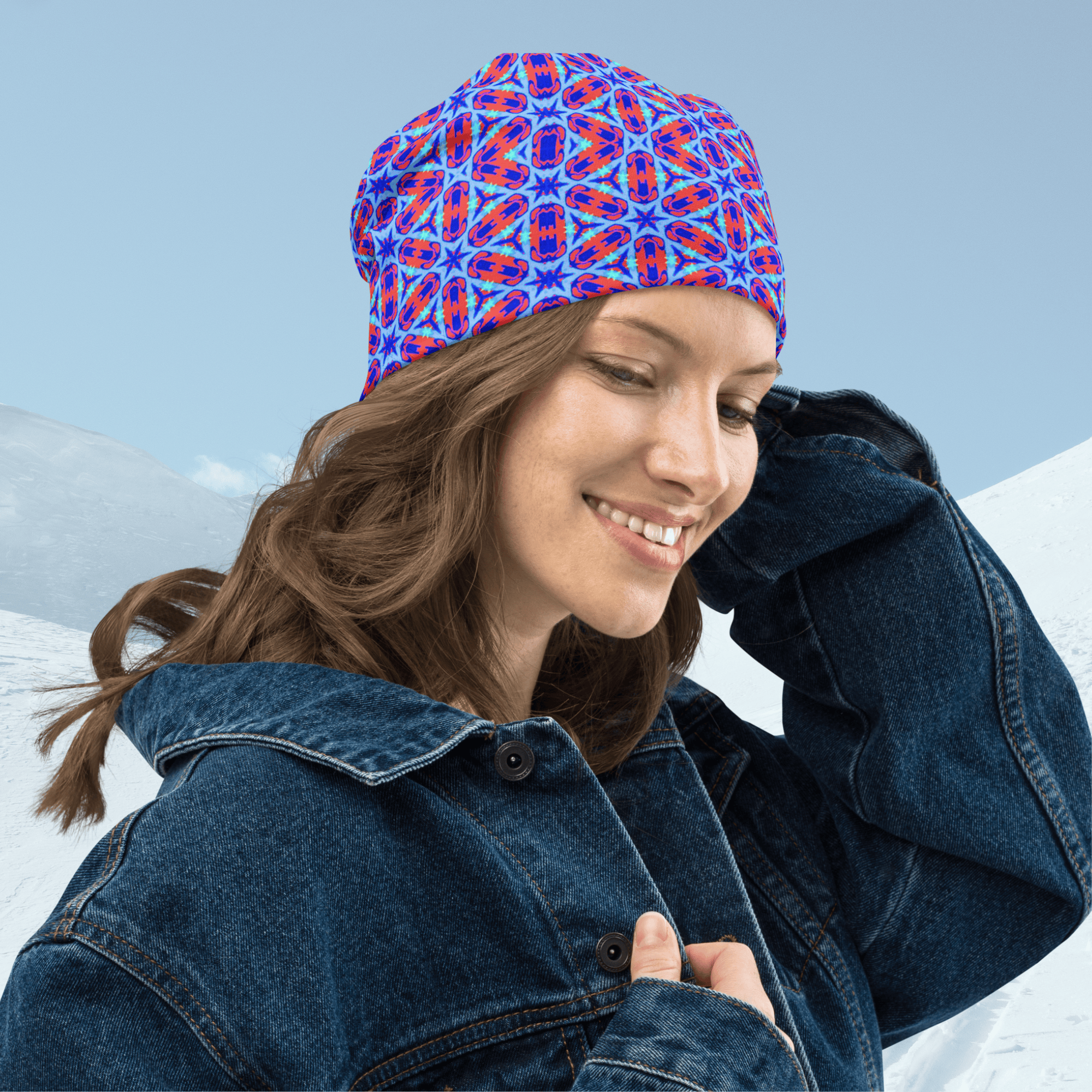 Vibrant Apparel New Zealand ❄️ Electric Blue Geometric All-Over Print Beanie
