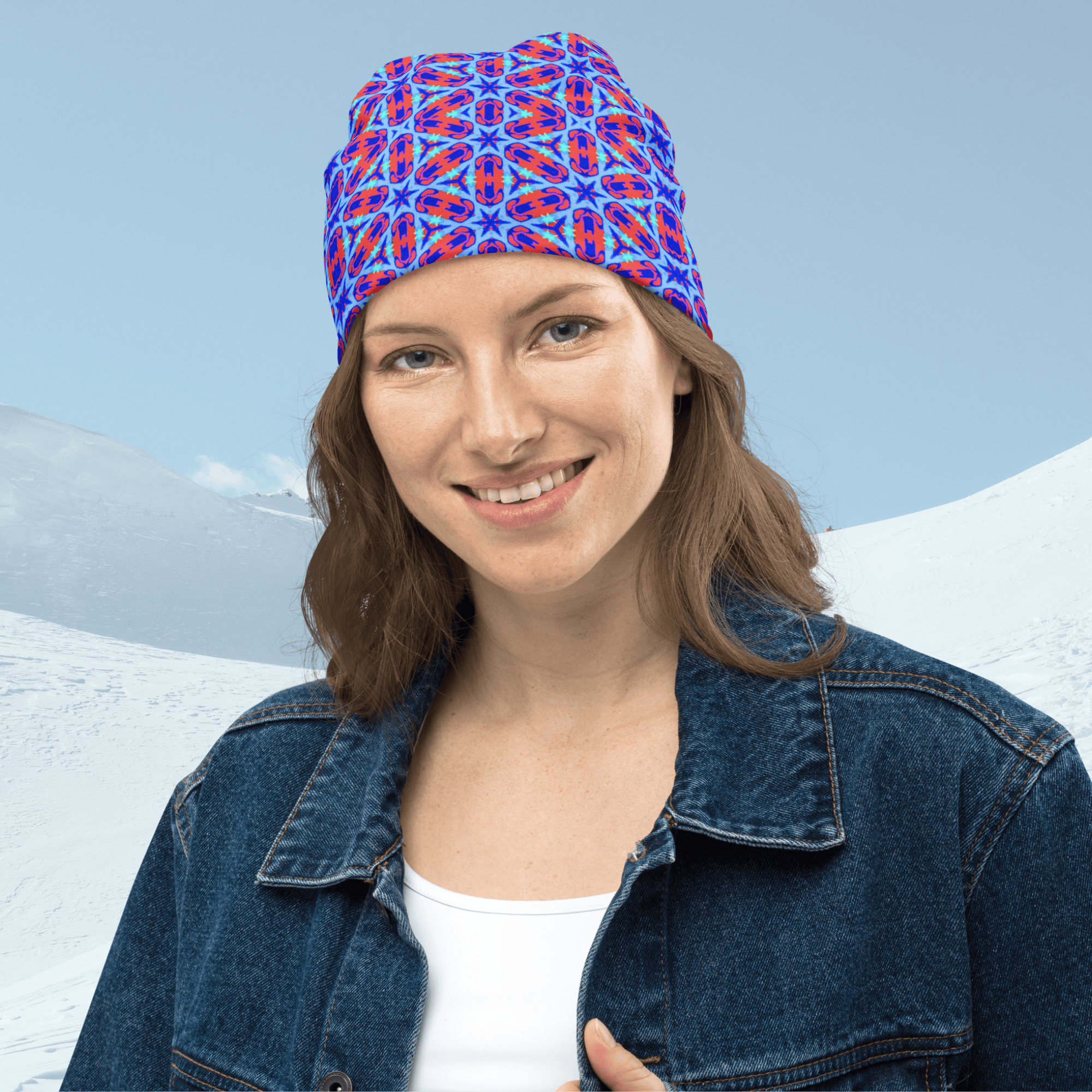 Vibrant Apparel New Zealand ❄️ Electric Blue Geometric All-Over Print Beanie